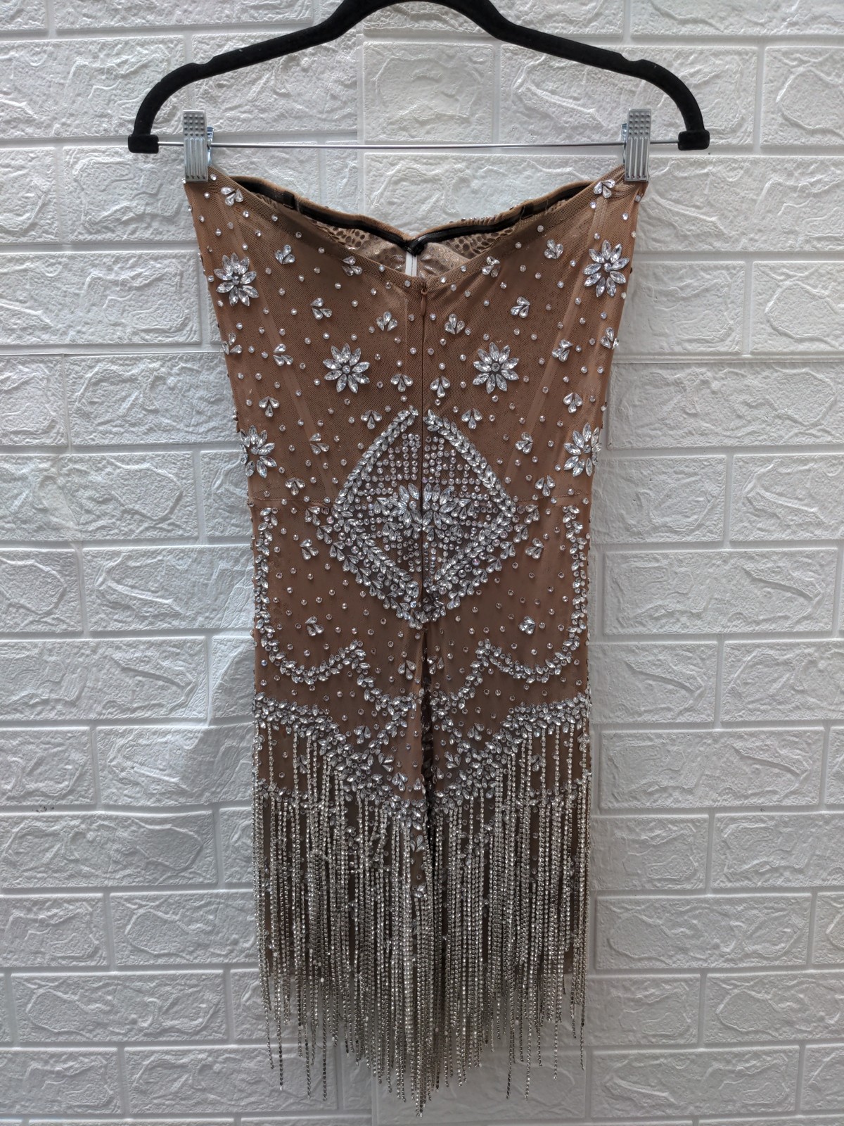 Pre-owned Mew Mews Strapless Embellished Rhinestone Fringe Mesh Mini Dress Sz M