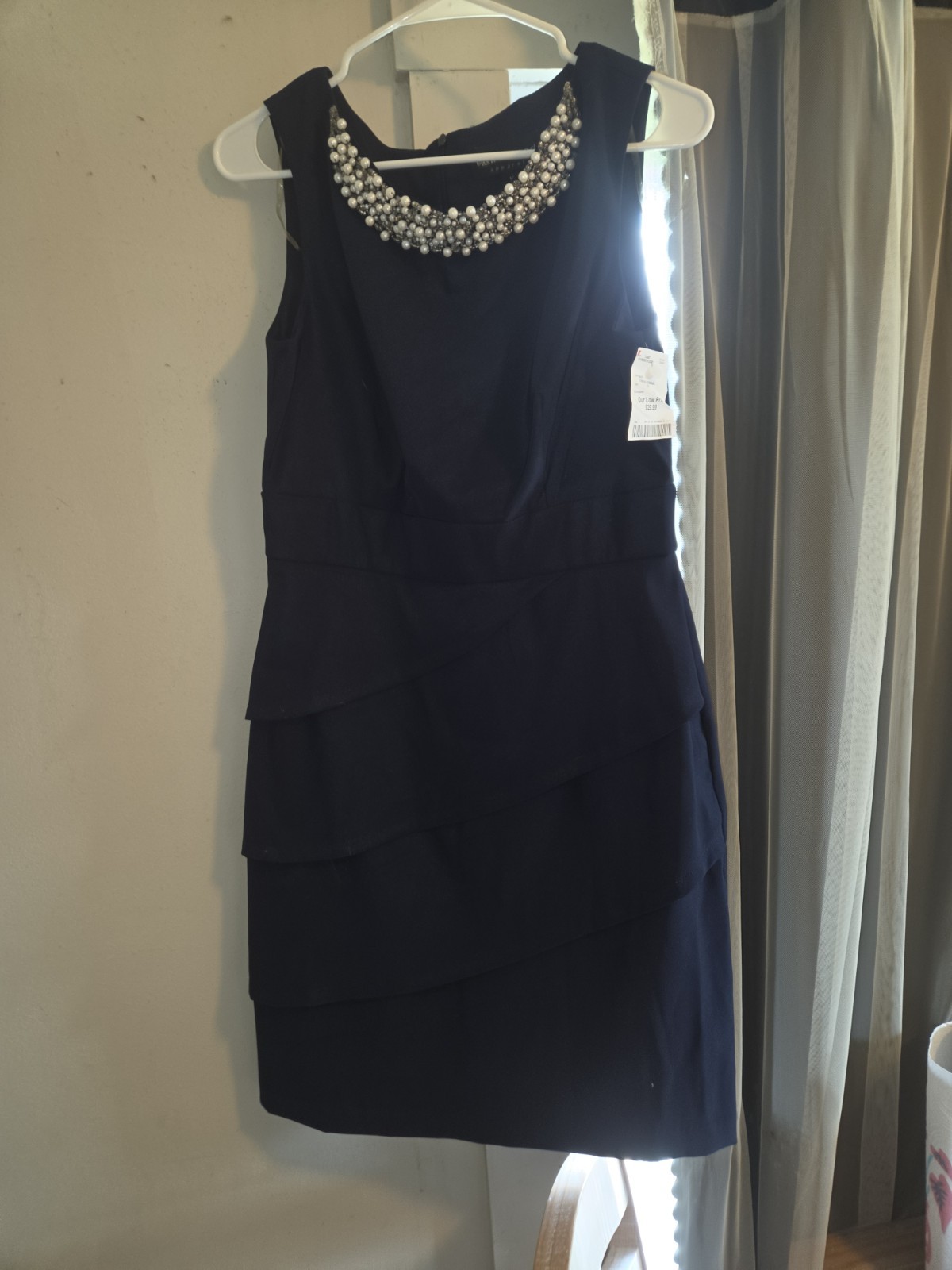 Connected Apparel Sheath Dress 10 Navy Pearl Embellished Tiered Skirt Party
