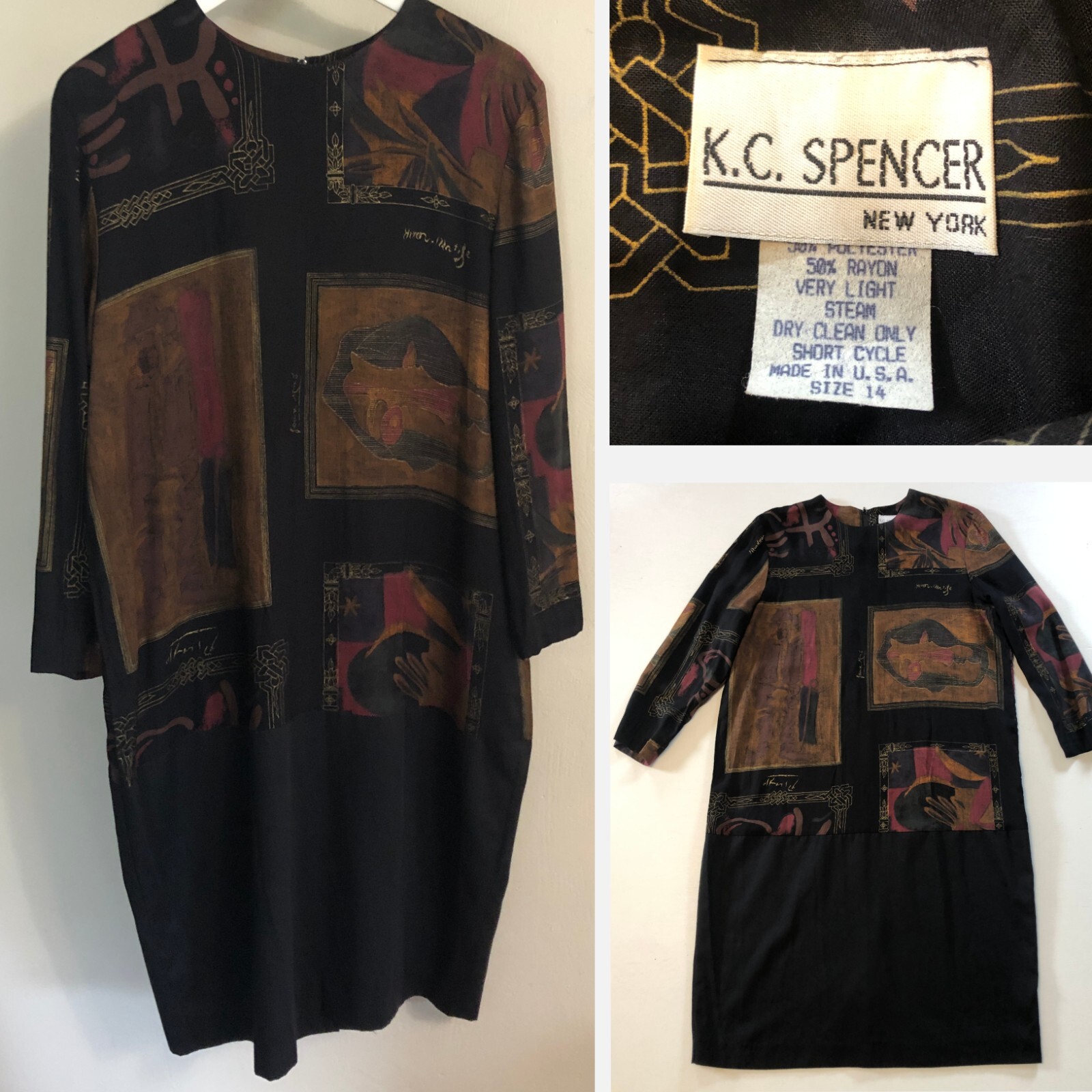 vintage 80s Art-to-Wear Rayon Shift Dress Sz 14 Classic K.C. Spencer USA