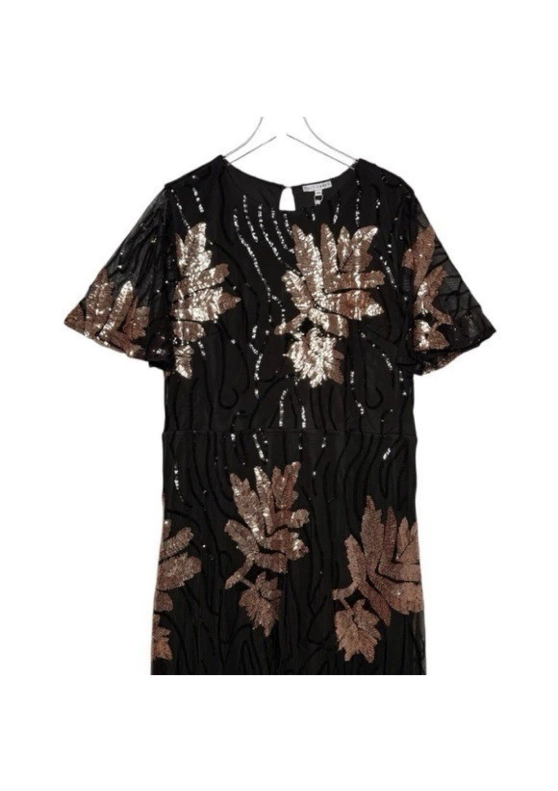 Baltic Born Sequin Floral Mesh Maxi Dress Black/Gold Flutter Sleeve Sz 3XL