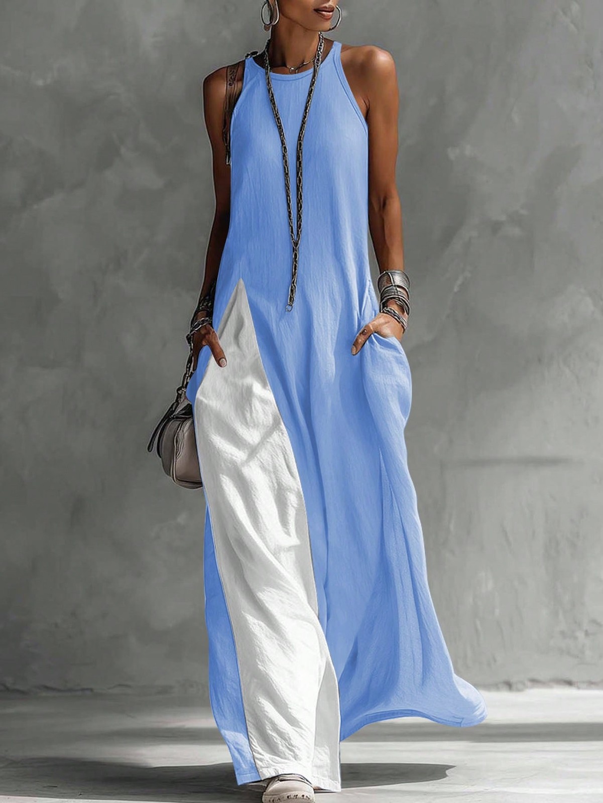 Womens Linen Blend Long Dress With Spaghetti Straps
