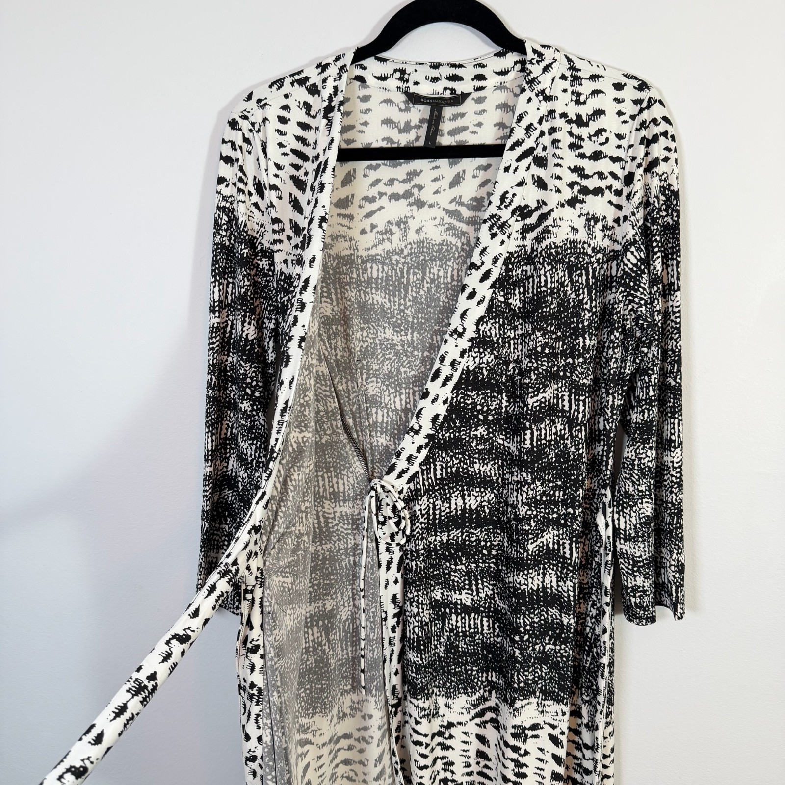 BCBG MAXAZRIA Adele Wrap Dress L Black White Boho Midi Dress Teacher