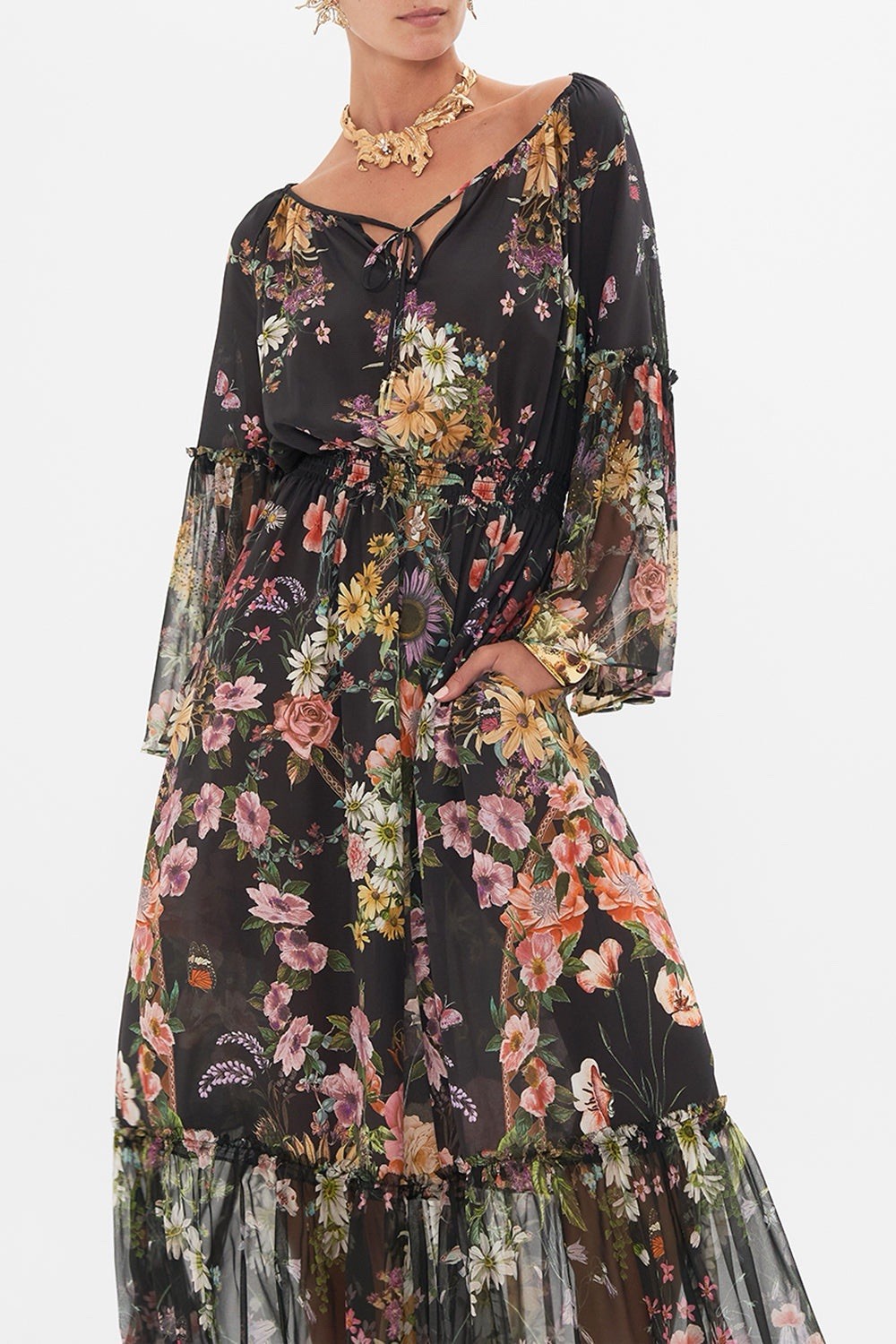 Camilla Letters From A Vineyard Long Dress With Gathered Bell Sleeve Size S