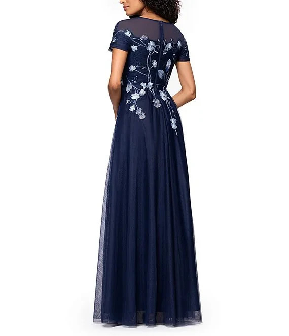 Betsy & Adam Navy Blue Embroidered Sequin Floral Bodice Mesh Gown Size 10 $319