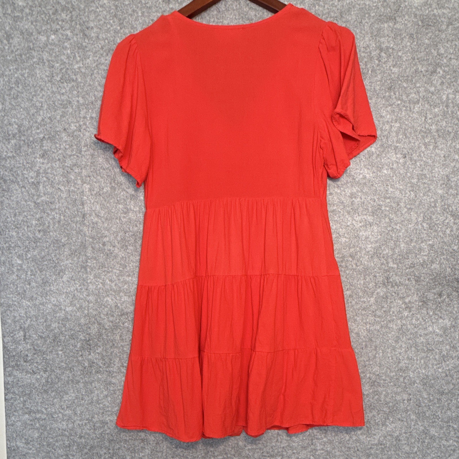 Loveriche Women’s Red Solid V-Neck Flutter Sleeve Button Tiered Mini Dress S