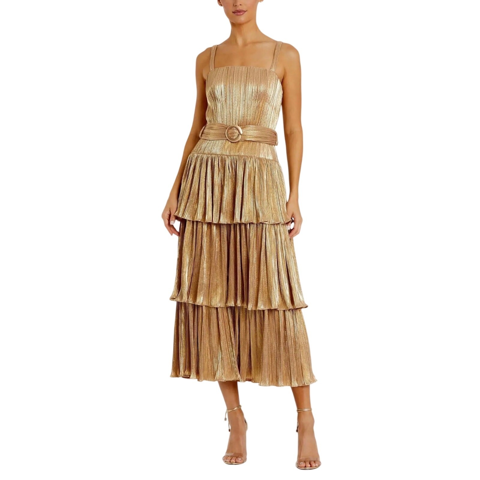 Mac Duggal 27062 Gold Cocktail Party Dress Metallic Pleated A-Line Midi Size 4