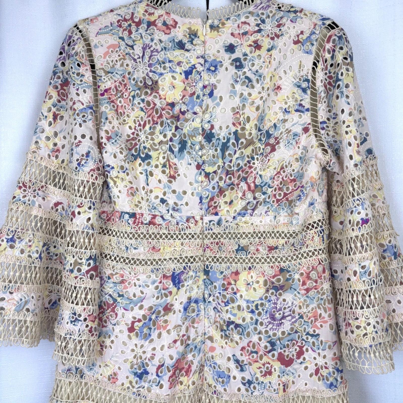 Floral Crochet Lace Eyelet Ruffle Tiered Mini Dress 3/4 Bell Sleeves Athina Sz L