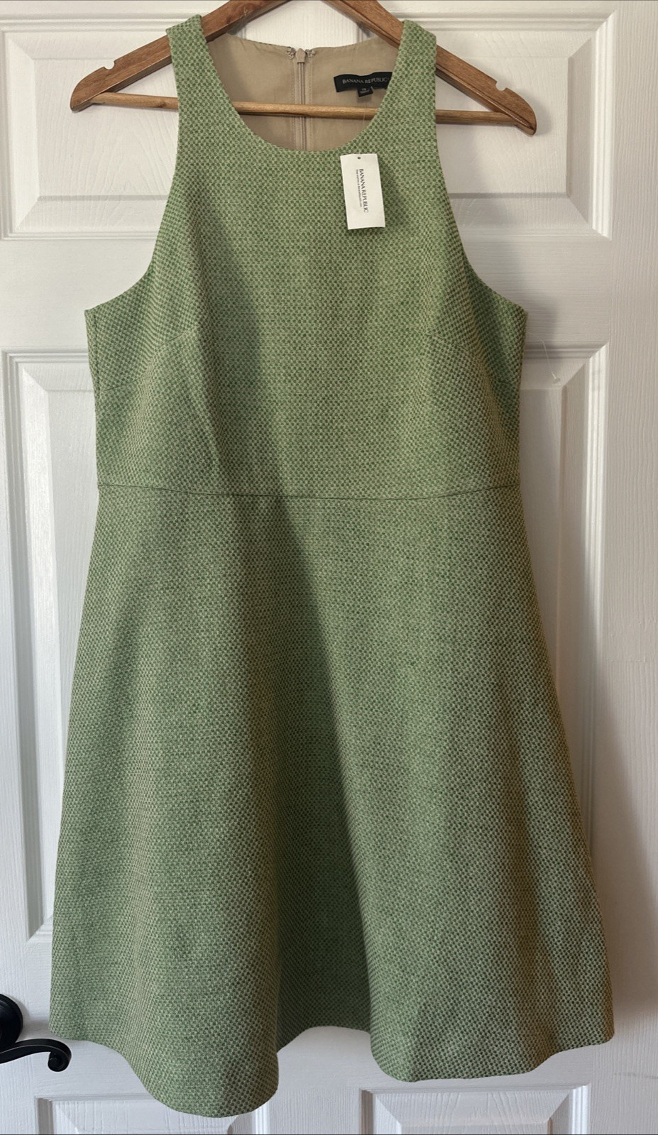 Banana Republic Green & Beige Gingham Tweed Sleeveless Fit & Flare Dress Sz 12