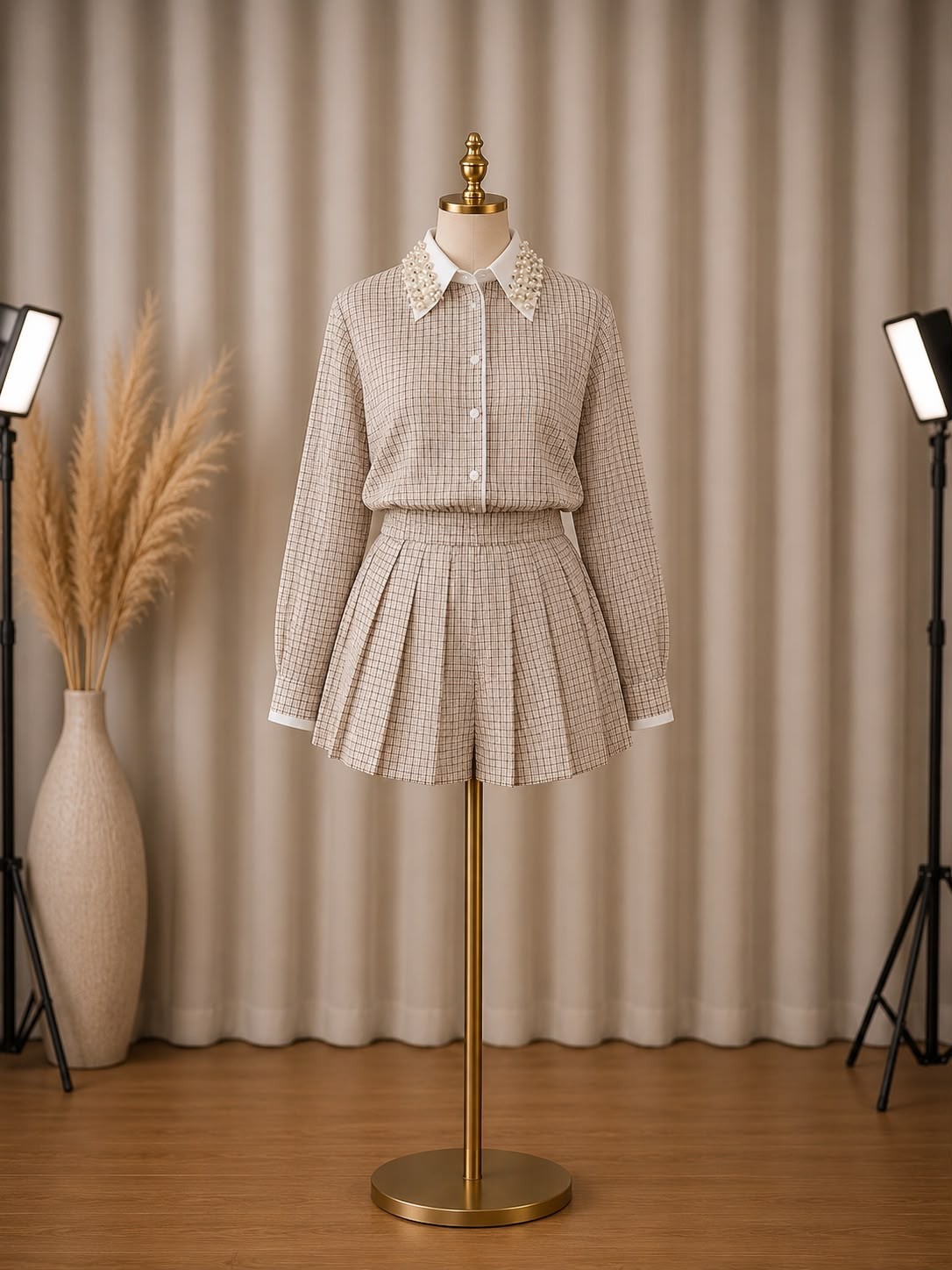 Women’s Plaid Shirt & Pleated Shorts Set Pearl Collar Long Sleeve Two Piece