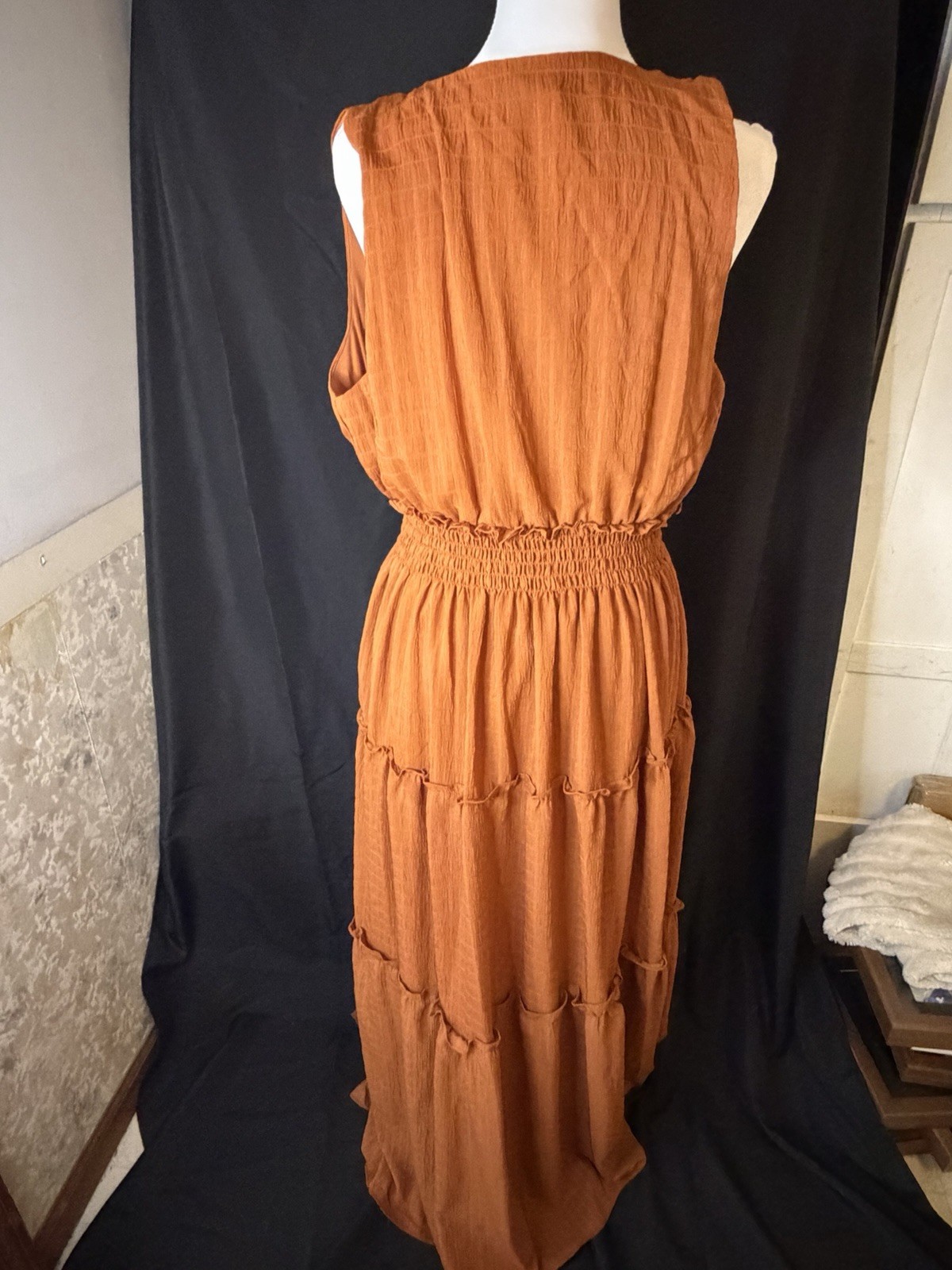 Jessica Taylor Women’s Brown Solid Maxi Dress V-Neck Tie Front Smocked L