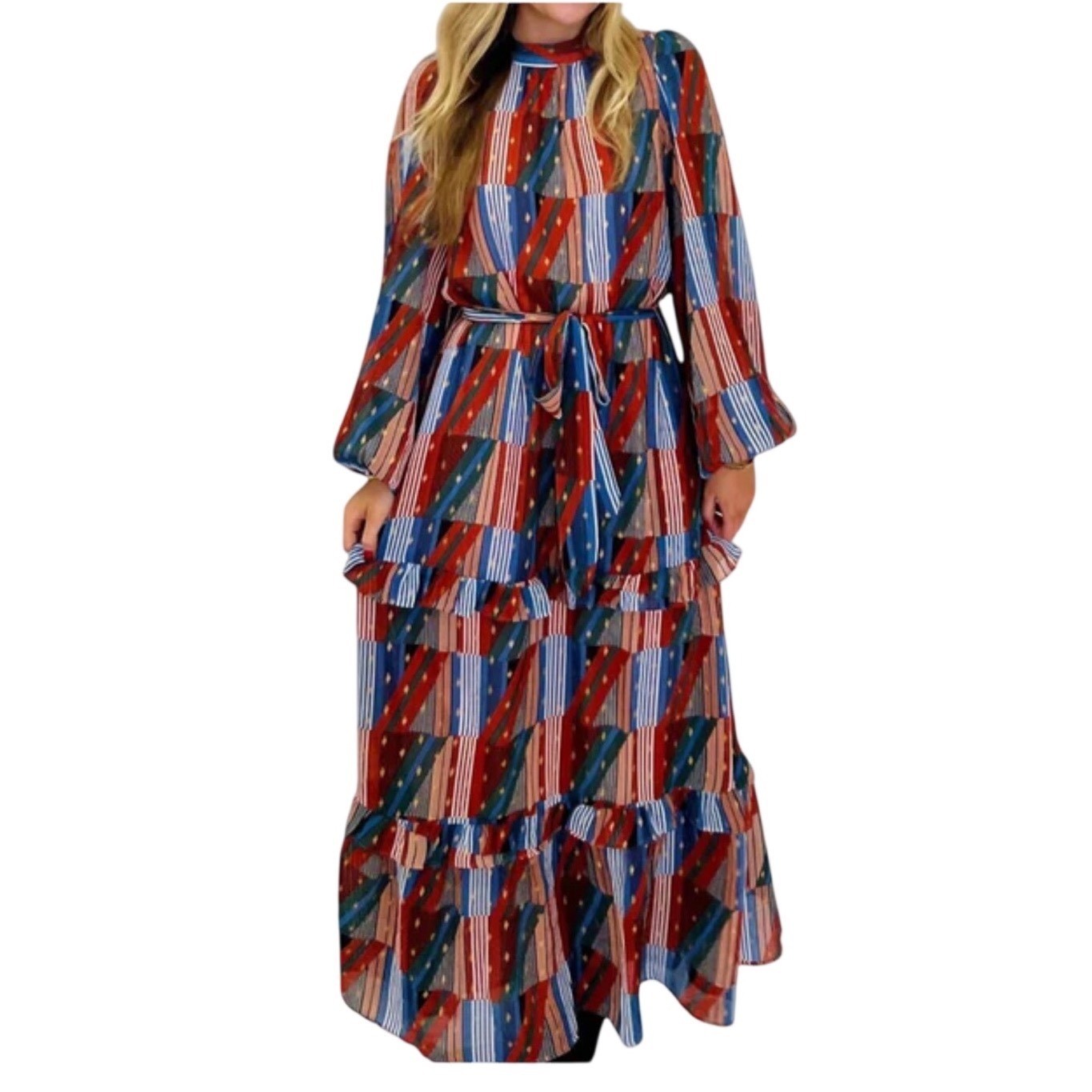 Joy Joy Adele XL Multi Striped Patchwork Tiered Maxi Dress Mock Neck Indie