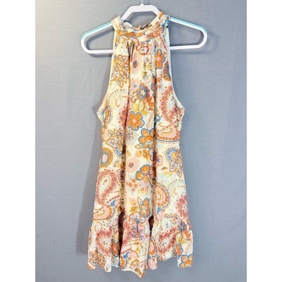 MSK Floral Paisley Halter Mini Dress Orange Blue Ruffle Hem Challis Size X-LARGE