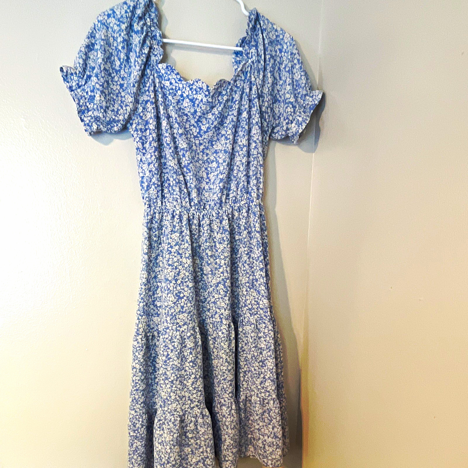 Monteau Blue White Floral Smocked Puff Sleeve Midi Dress Square Neck Cotton M