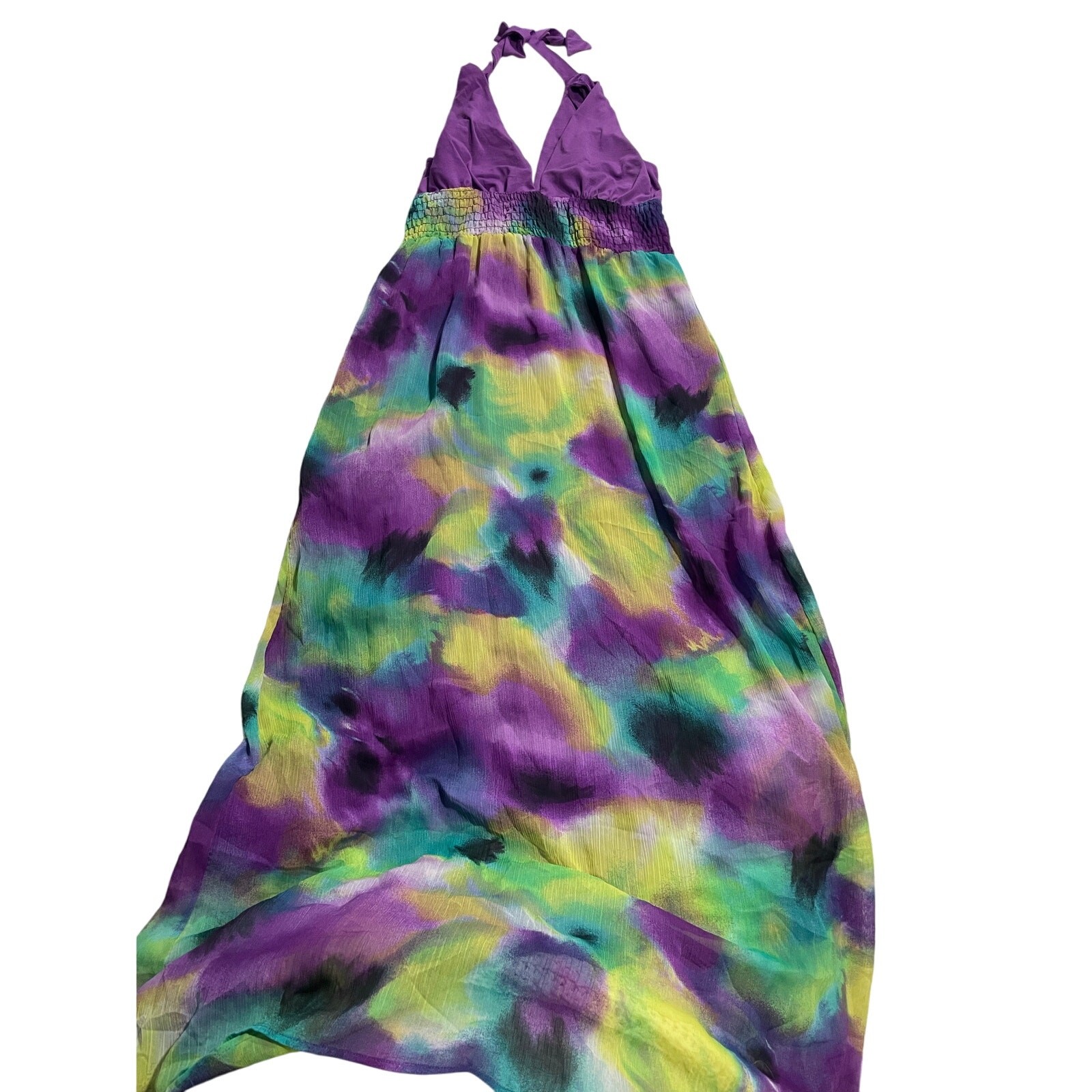 Candies Y2K Maxi Dress Halter Womens Large Purple Water Color 7013CPCD Lined