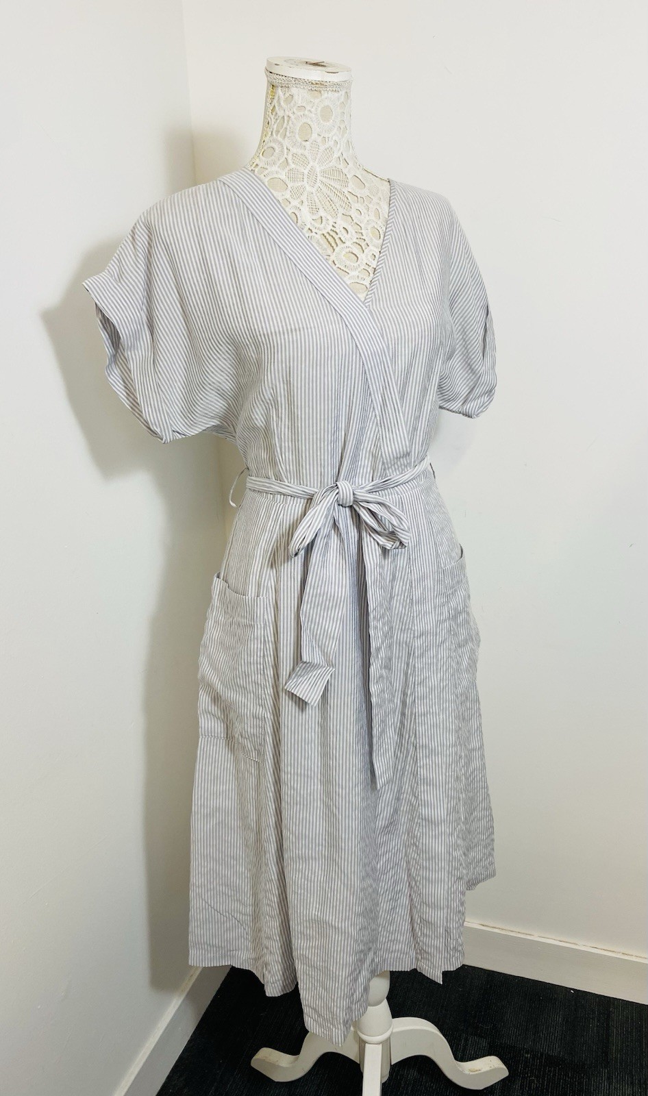 Oliver Bonas Cotton Striped Summer Wrap Dress Grey/white Size14