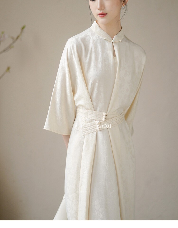 Retro Chinese Style Zen Design Womens Stand Collar 3/4 Sleeve Long Dresses Qipao