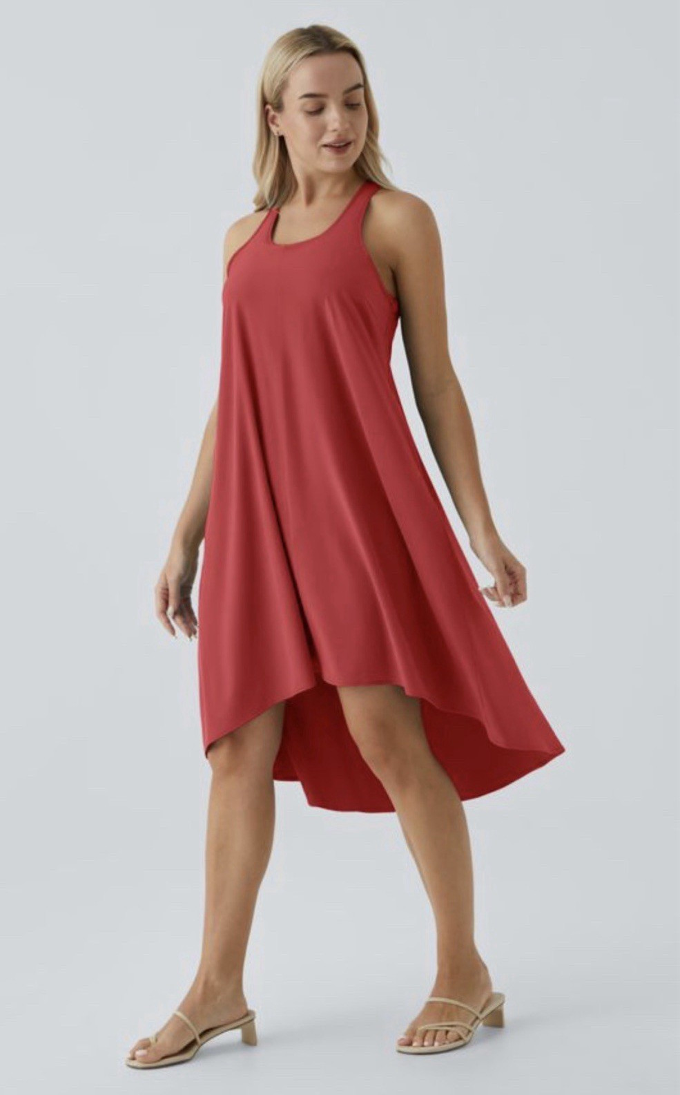 Halara Red Jersey A-Line Midi Dress Scoop Neck Racerback Pockets Stretch M