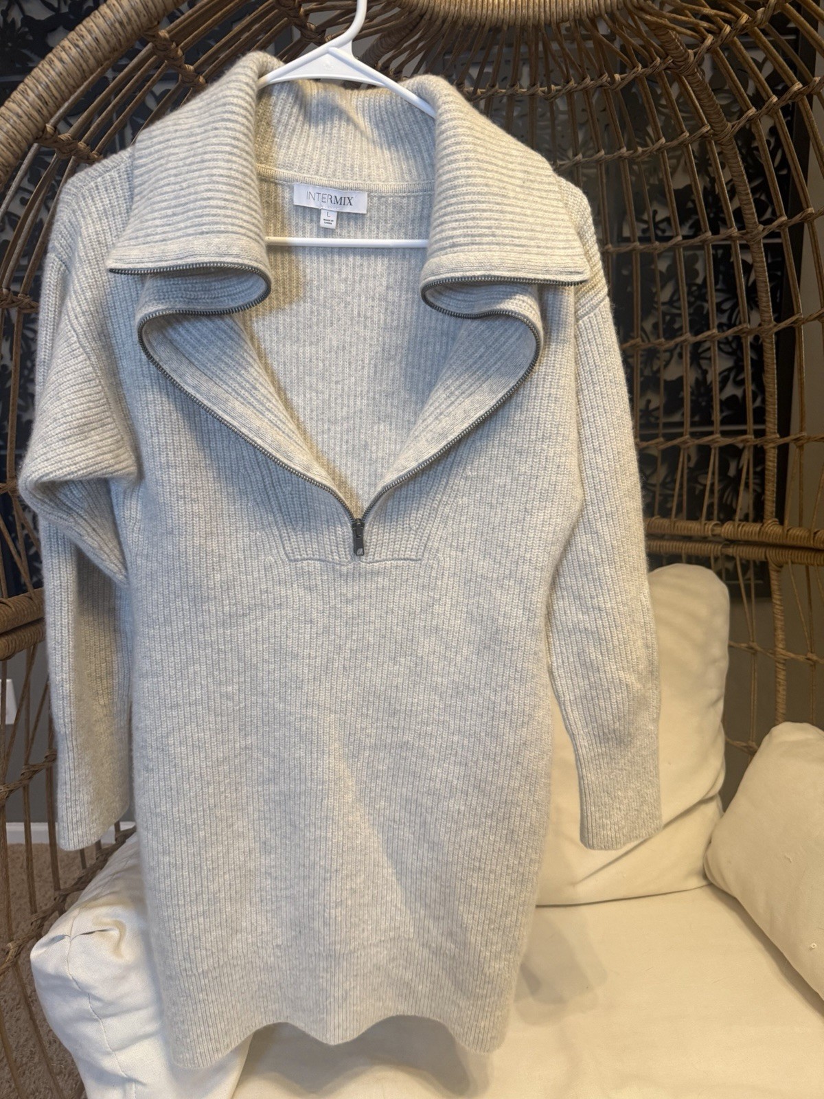 INTERMIX Jasper Half-Zip Sweater Dress Grey Sz Large Wool Cashmere Blend