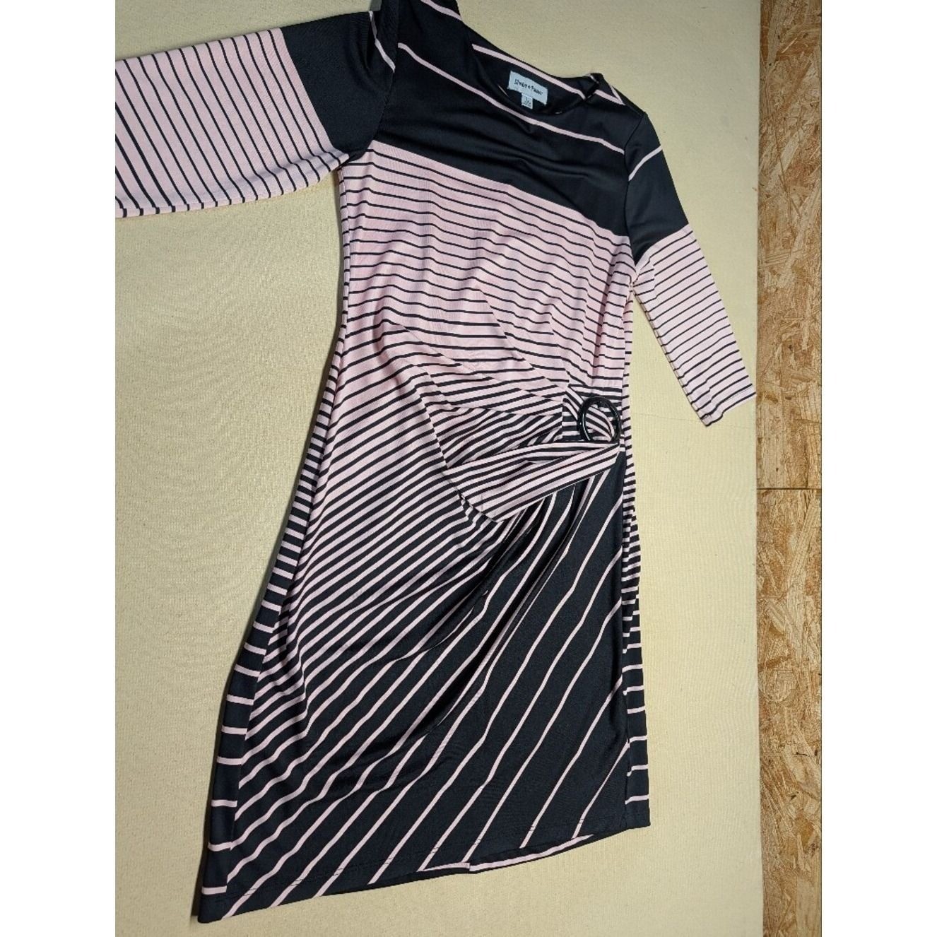 Shelby & Palmer Women’s Dress Size L Striped Pink and Black Midi with Side Knot