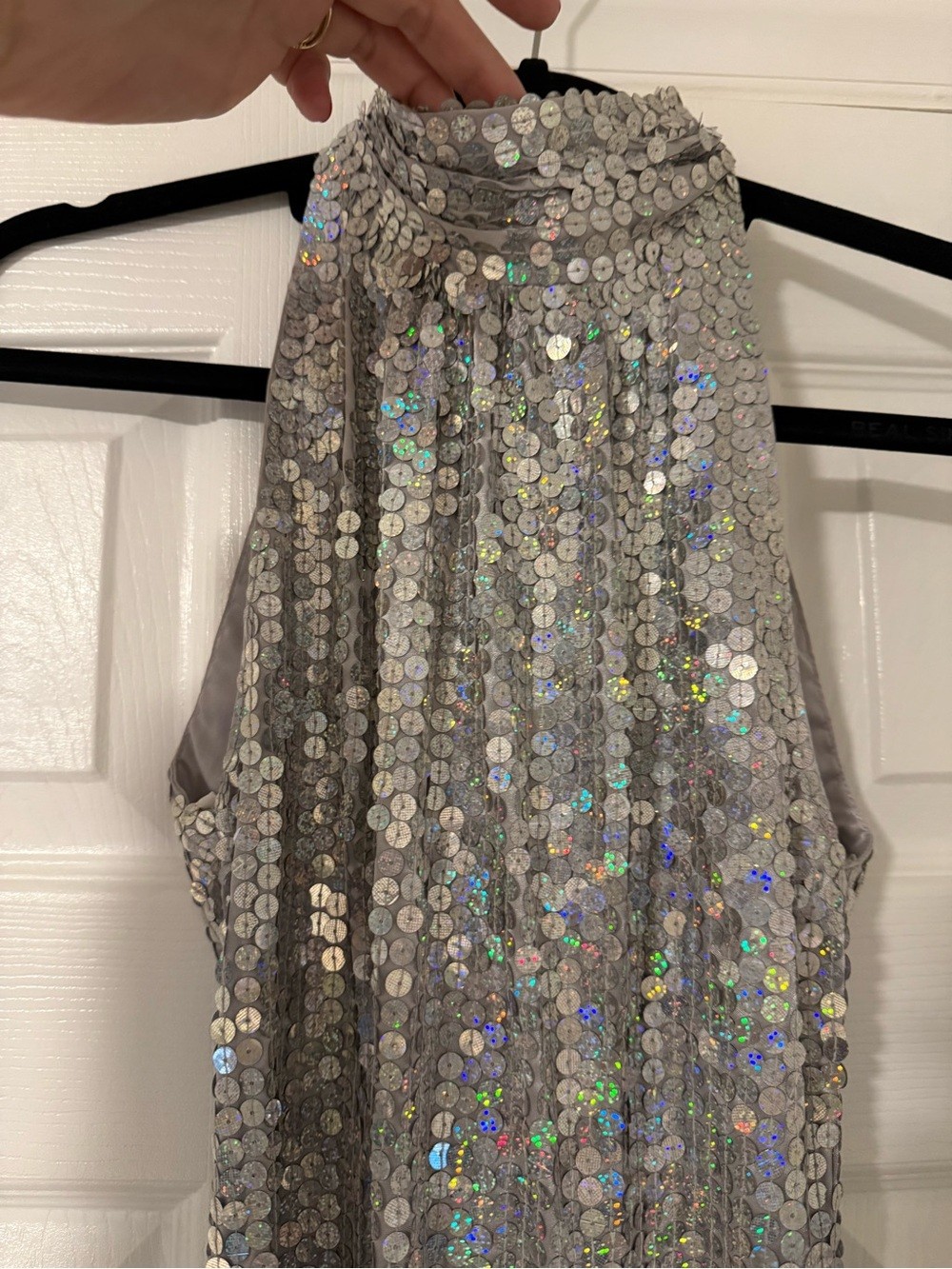 Vintage Papell Boutique Evening Silver Sequin Halter Gown Size 4 Formal Dress