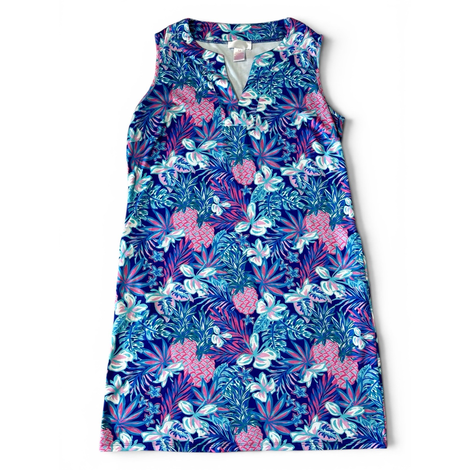 Stella Parker Blue Pink Pineapple Tropical Floral V-Neck Shift Dress Sz-Medium