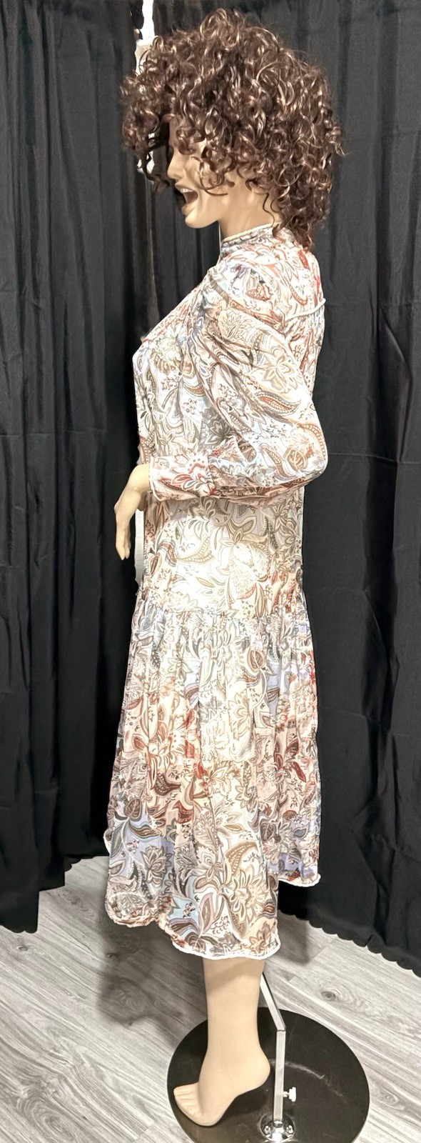 UNKNOWN JACOBEAN PRINT GEORGETTE W/SLIP IVORY, COPPER + MULTI, MAXI DRESS SMALL