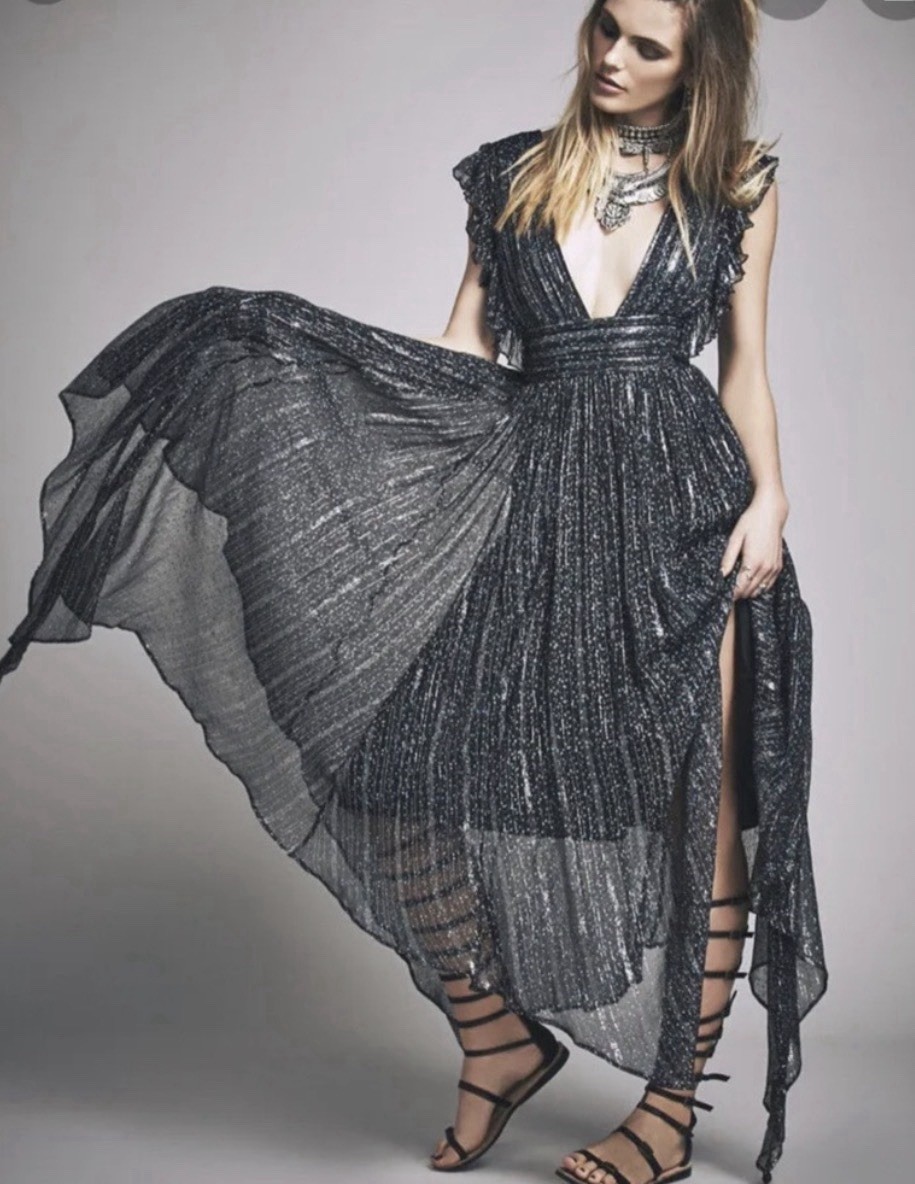 Free People My Antonia Black Midi Womens Dress Metallic Plunge Asymmetric Sz XS