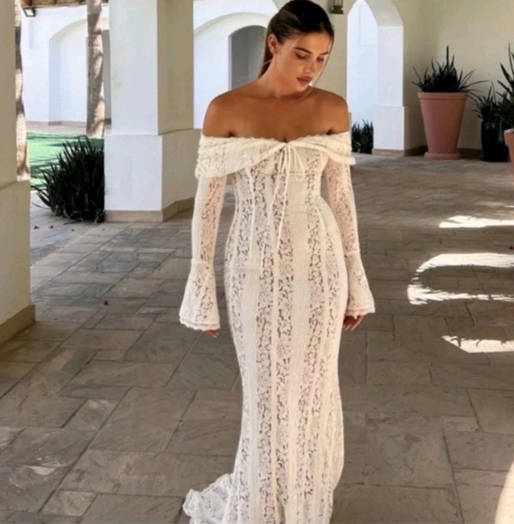 NWT Ivory Lace Mermaid Maxi Wedding Dress Sz L Train Boho Romantic Bridal