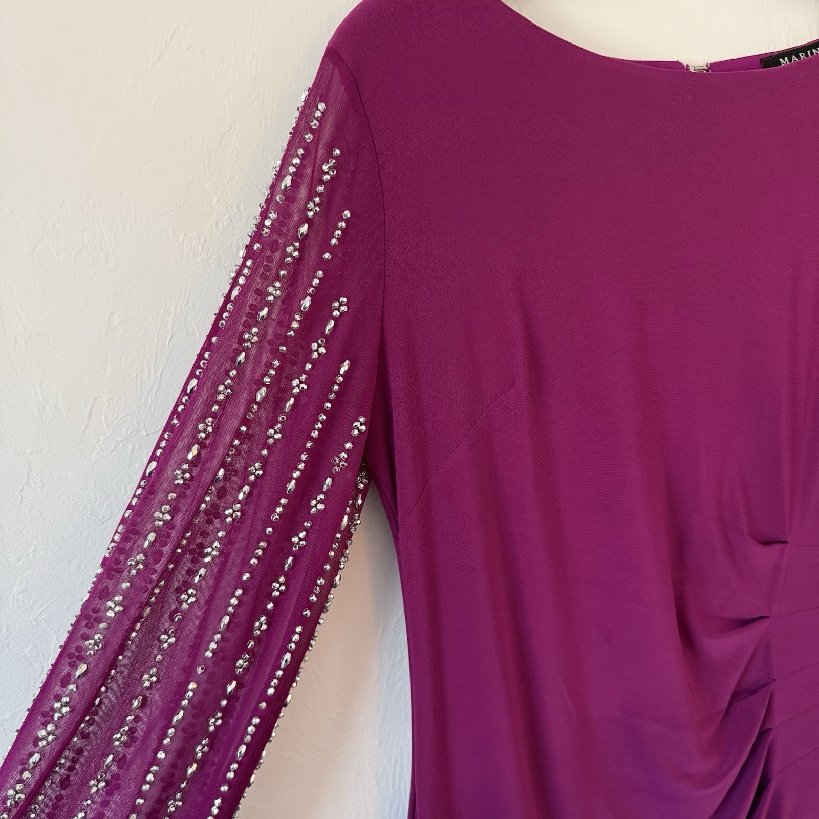 VTG Marina Rouched Knee Length Beaded Trim Dress Women’s 10 Sheer Sleeves READ