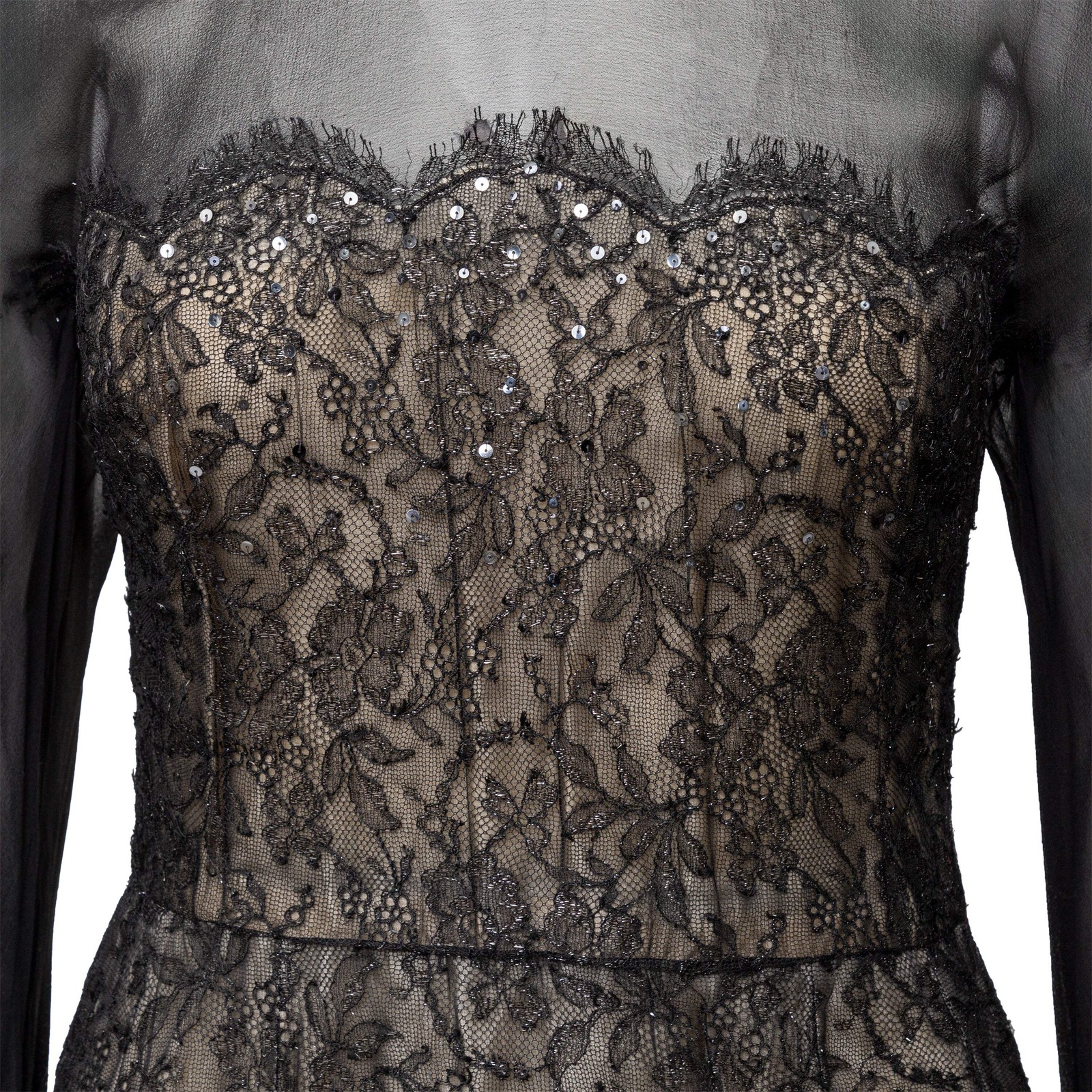Nina Ricci Haute Boutique Black Chiffon Lace Dress 1970s France Vintage