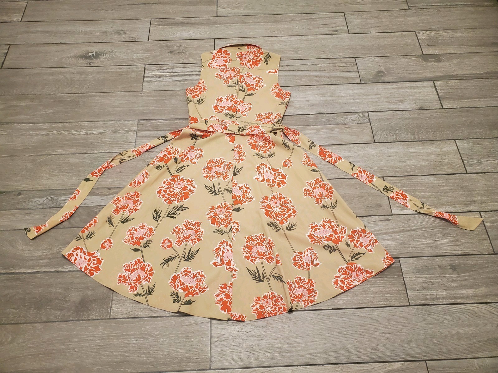 Banana Republic 100% polyester orange beige floral midi flared shirt dress M