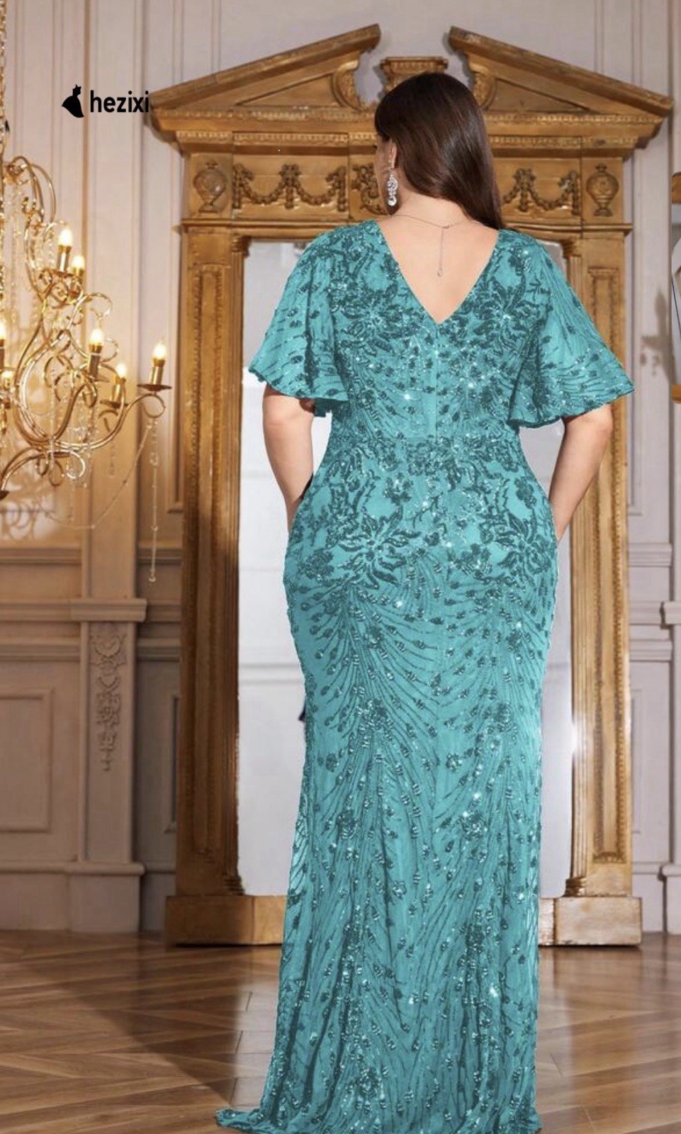 Hezixi Green Sequin V-Neck Flutter Sleeve Maxi Long Gown Dress