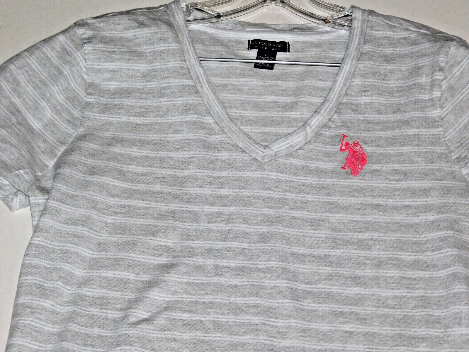 US Polo Assn Size L Grey Stripe Womens Stetch Cotton Knit Logo Slimming Dress