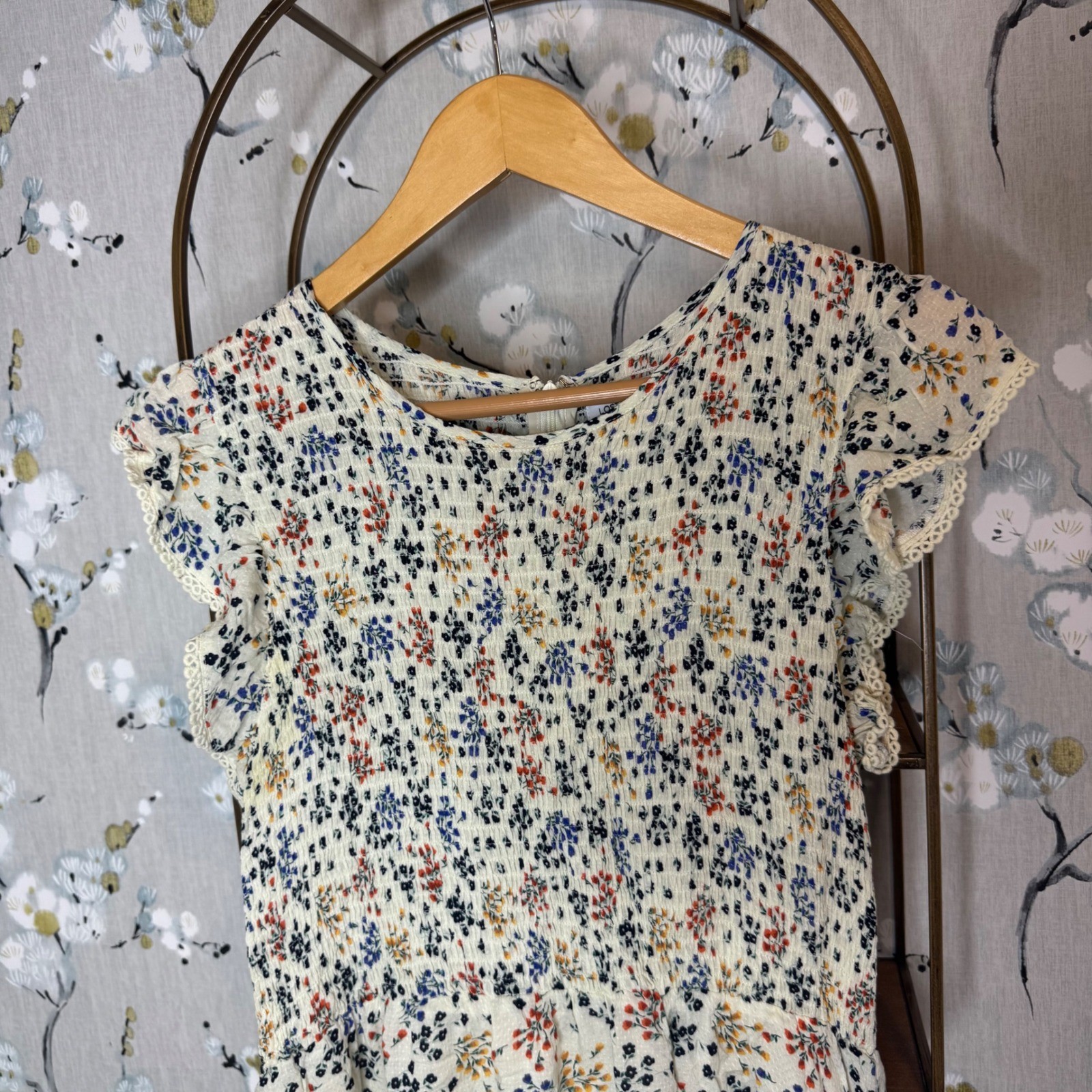 Lost + Wander Womens Floral Smocked Midi Dress Flutter Sleeve Cream Large