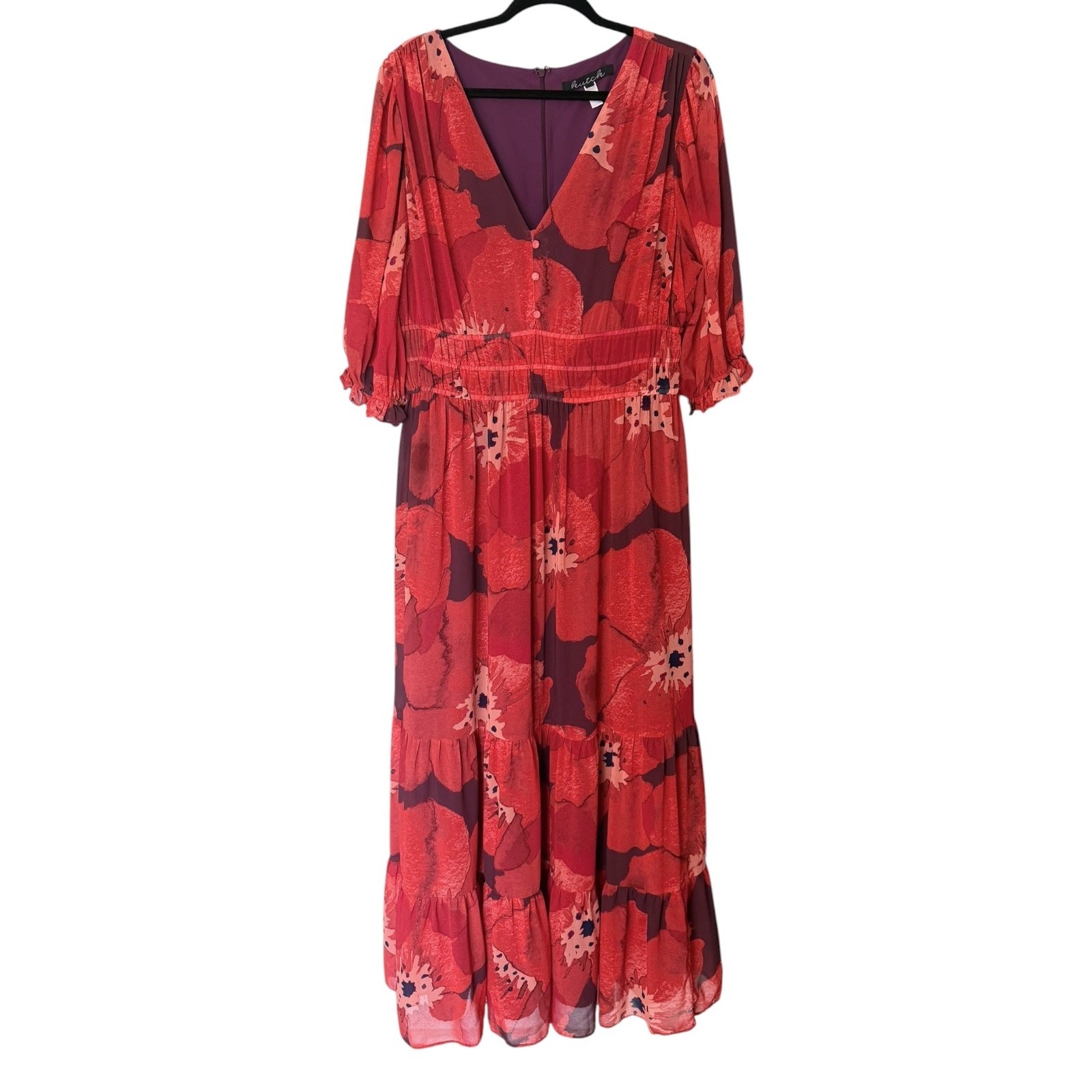 Hutch Poppy Floral Maxi Dress Women’s 2X Red Smocked V Neck Tiered Chiffon Boho