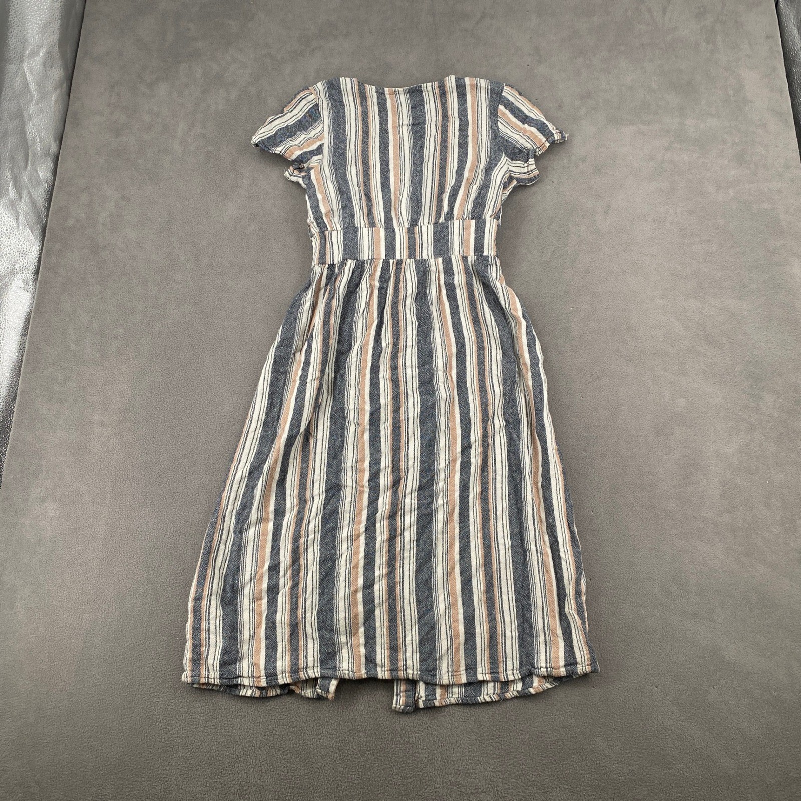 Cotton On Striped Button Front Tie Waist Midi Dress Blue Tan XS