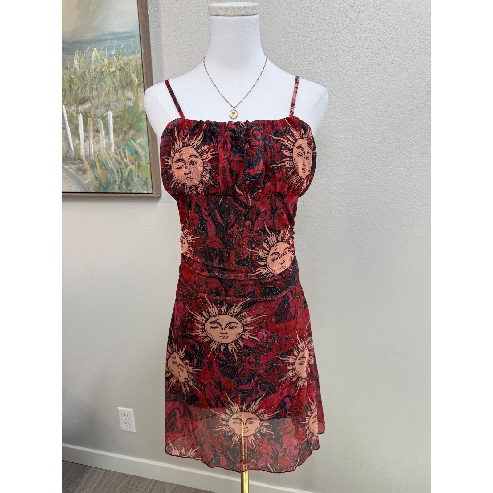 Y2K Celestial Sun Mesh Mini Dress Fairycore Whimsigoth Astrology Dress Size S