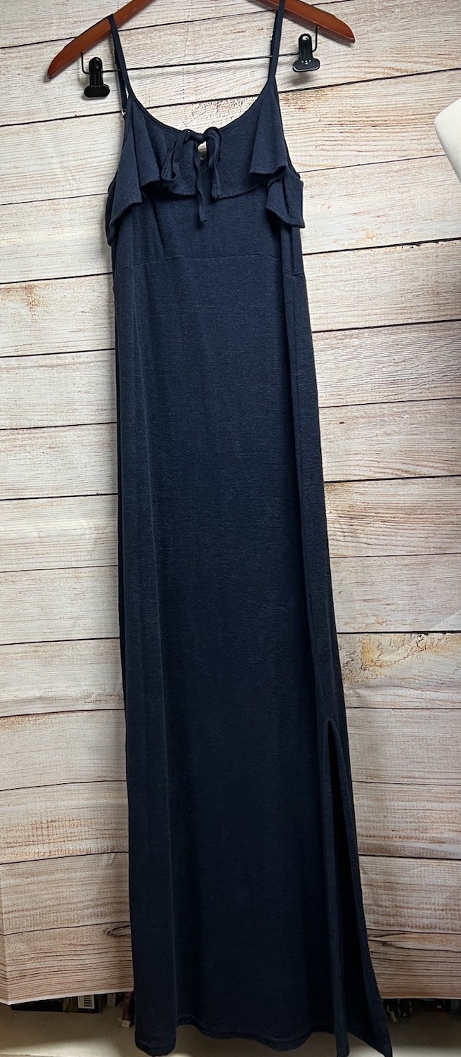 Juicy Couture y2K Cotton Terry Maxi Sun Slip Dress Sz M Side Slits Navy Ruffle
