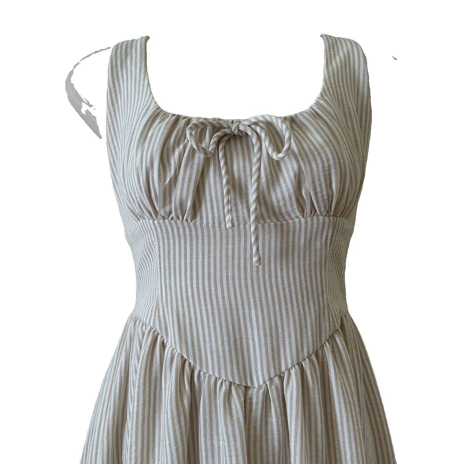 THE WORKSHOP Cottagecore Cream/Tan Striped Tie Front Midi Dress Size M, NWOT