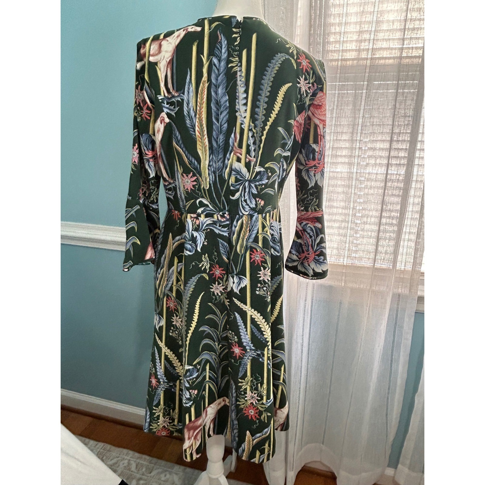 Ann Taylor Tropical Botanical Flamingo Print Bell Sleeve Fit Flare Dress Green 8