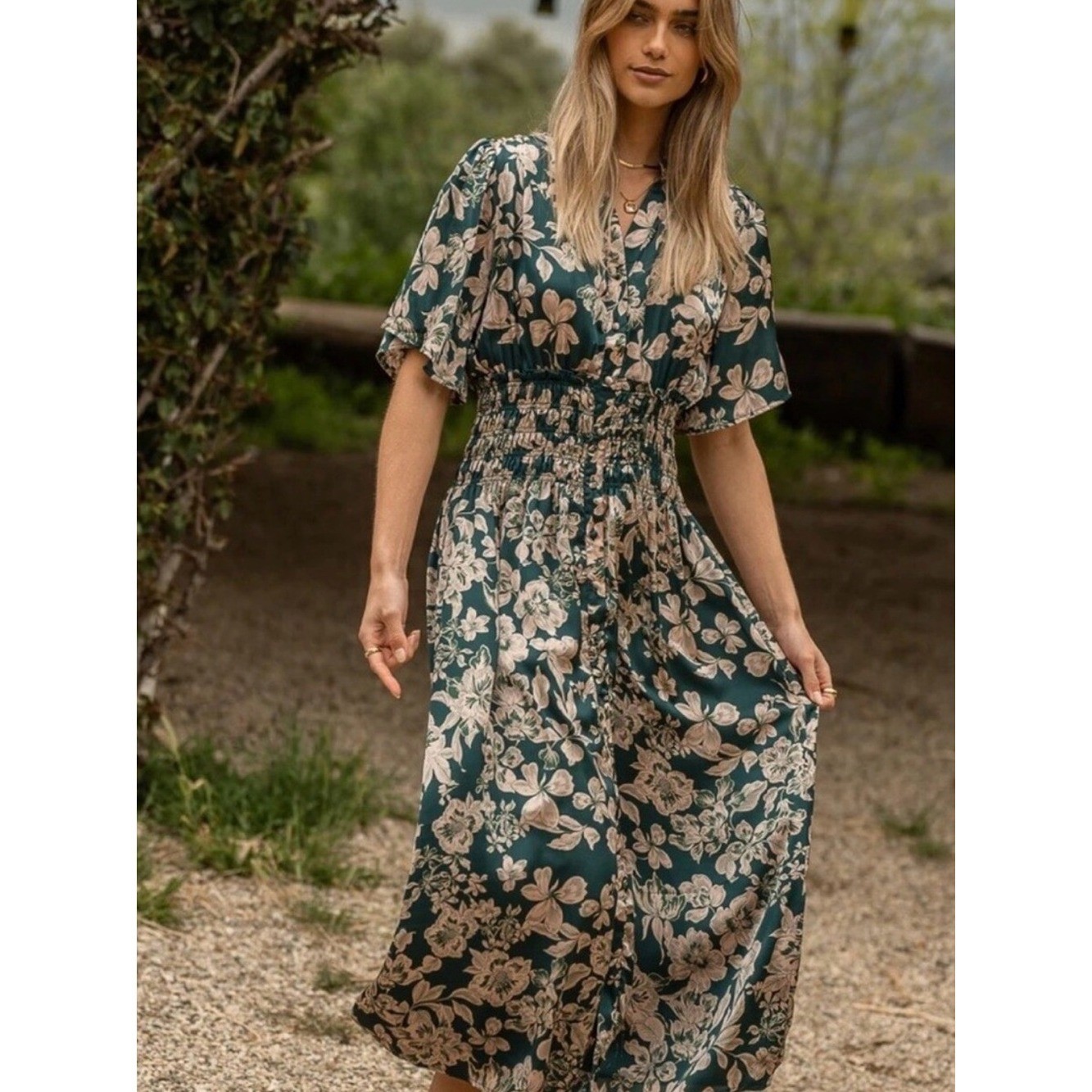 Bohme Emerald Green Floral Smocked Midi Dress satin women’s Size Large