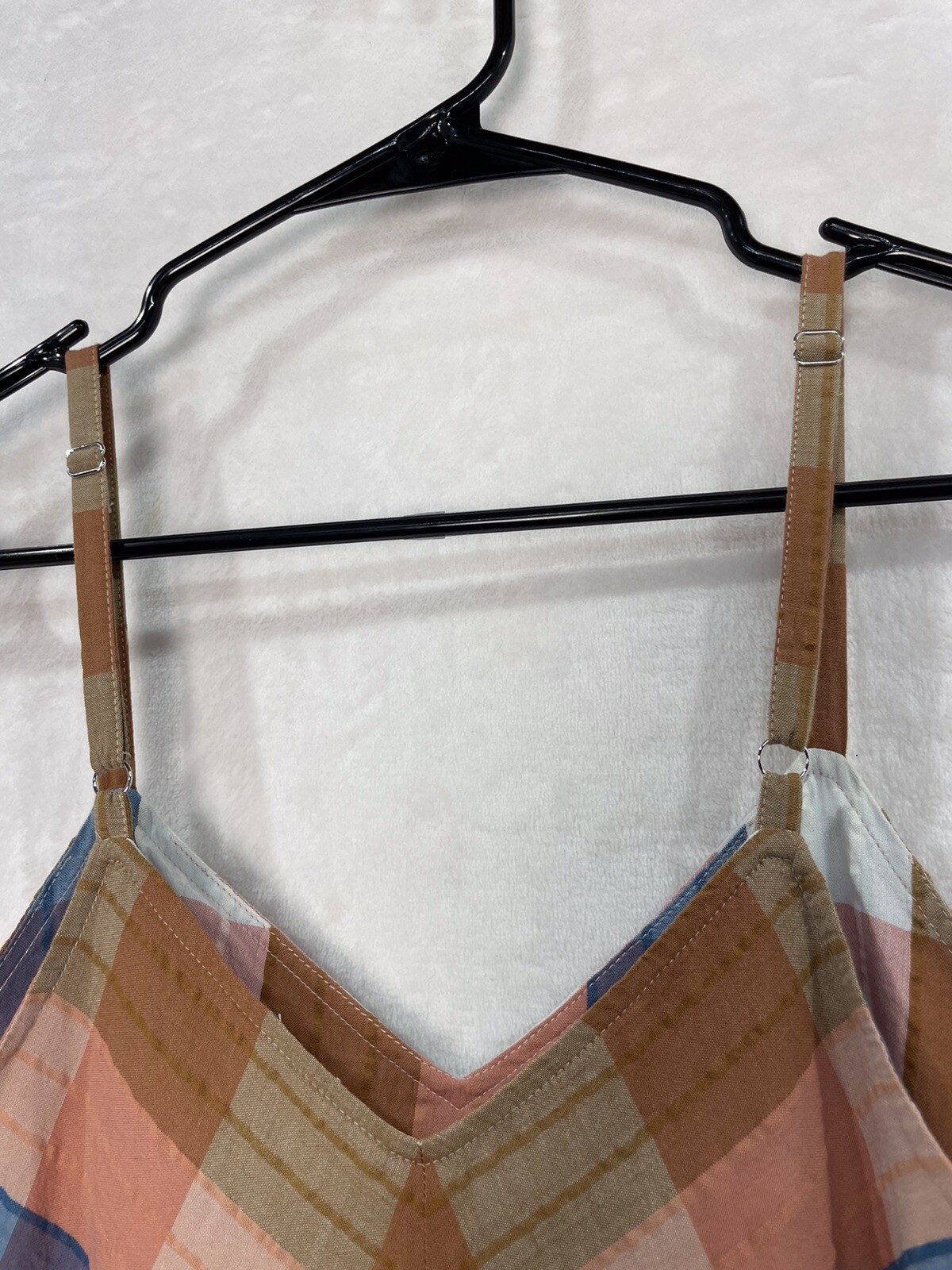 LL Bean Plaid Pleated Strap Dress 4 Small A Line Fit Flare Midi Blue Peach NEW