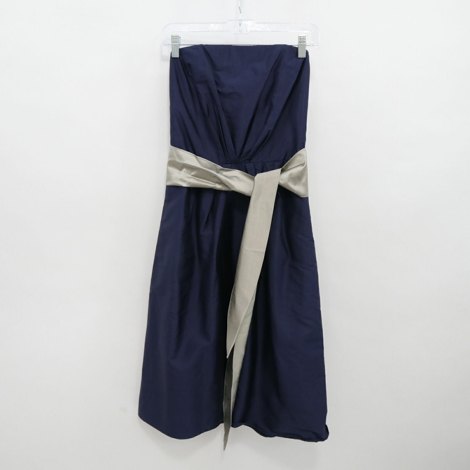 Siri Silk Strapless Dress 4 Navy Blue Belted Gray Sash Pleated Cocktail Wedding
