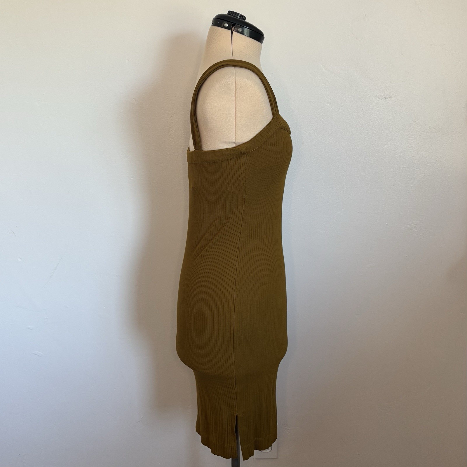 L*Space Louise Ribbed Knee Length Dress, Olive Moss Green, Thick Tank Straps, S