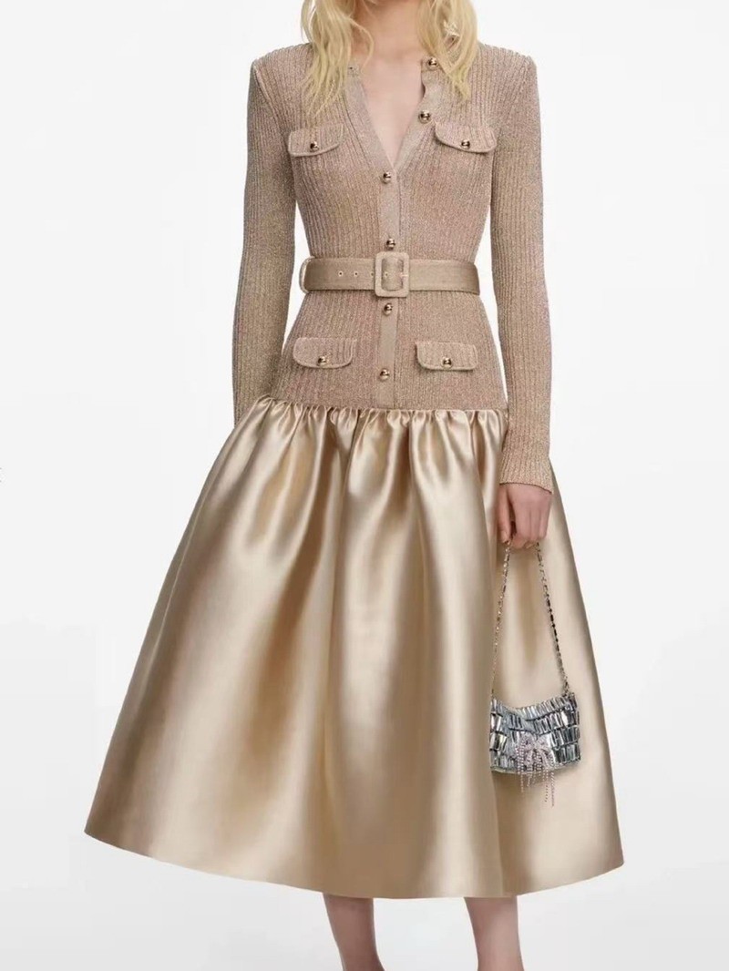 Self-Portrait Womens Autumn Winter New Temperament Knitted Satin Dress