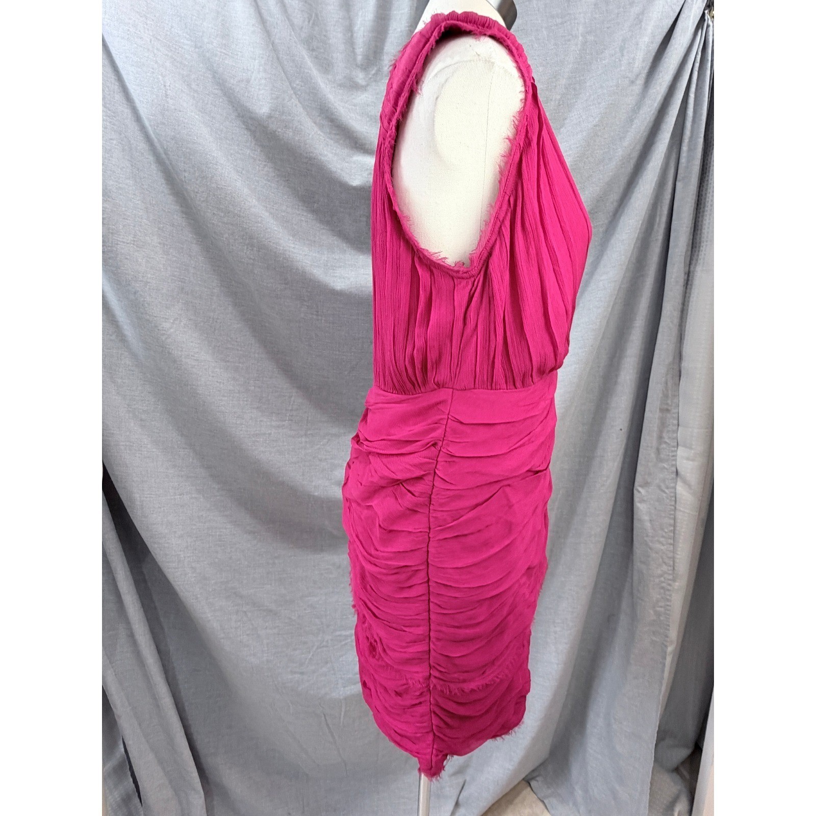 Madison Marcus Pink Silk Layered Pleated Frayed Edge Dress V-Neck Sleeveless