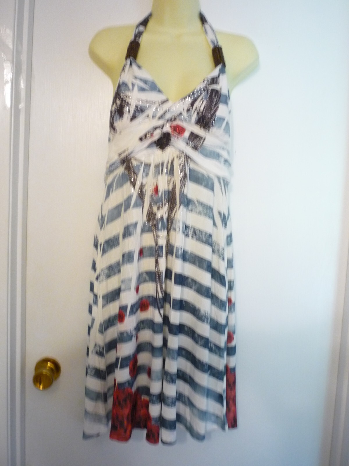 CRISTINALOVE VACATION DRESS–SZ XL–NWT–BEAD HALTER STRAP-FLORAL/STRIPIES