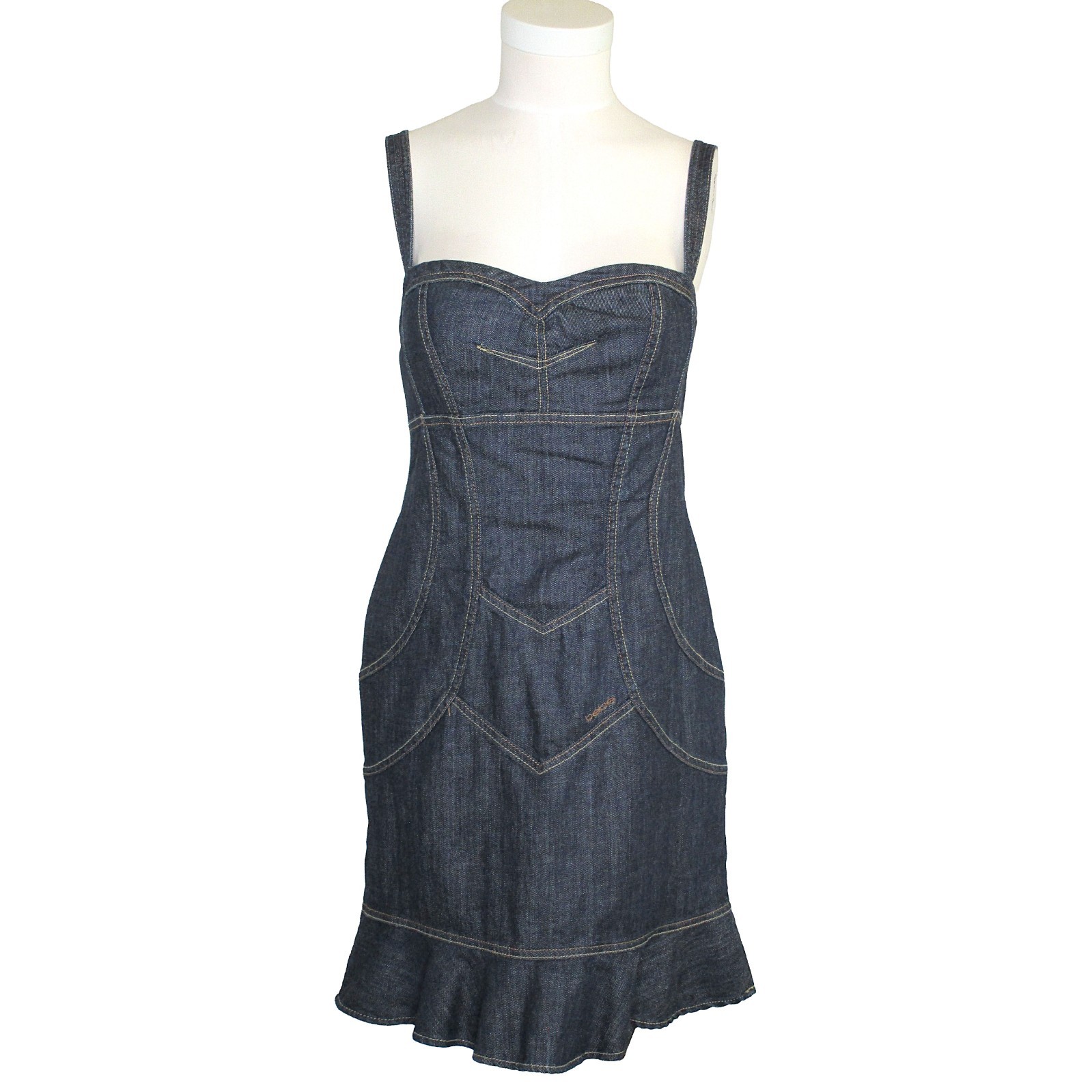 Sz L Vintage Y2K Bebe Denim Mini Dress Sweetheart Ruffle USA Cowgirl Glam