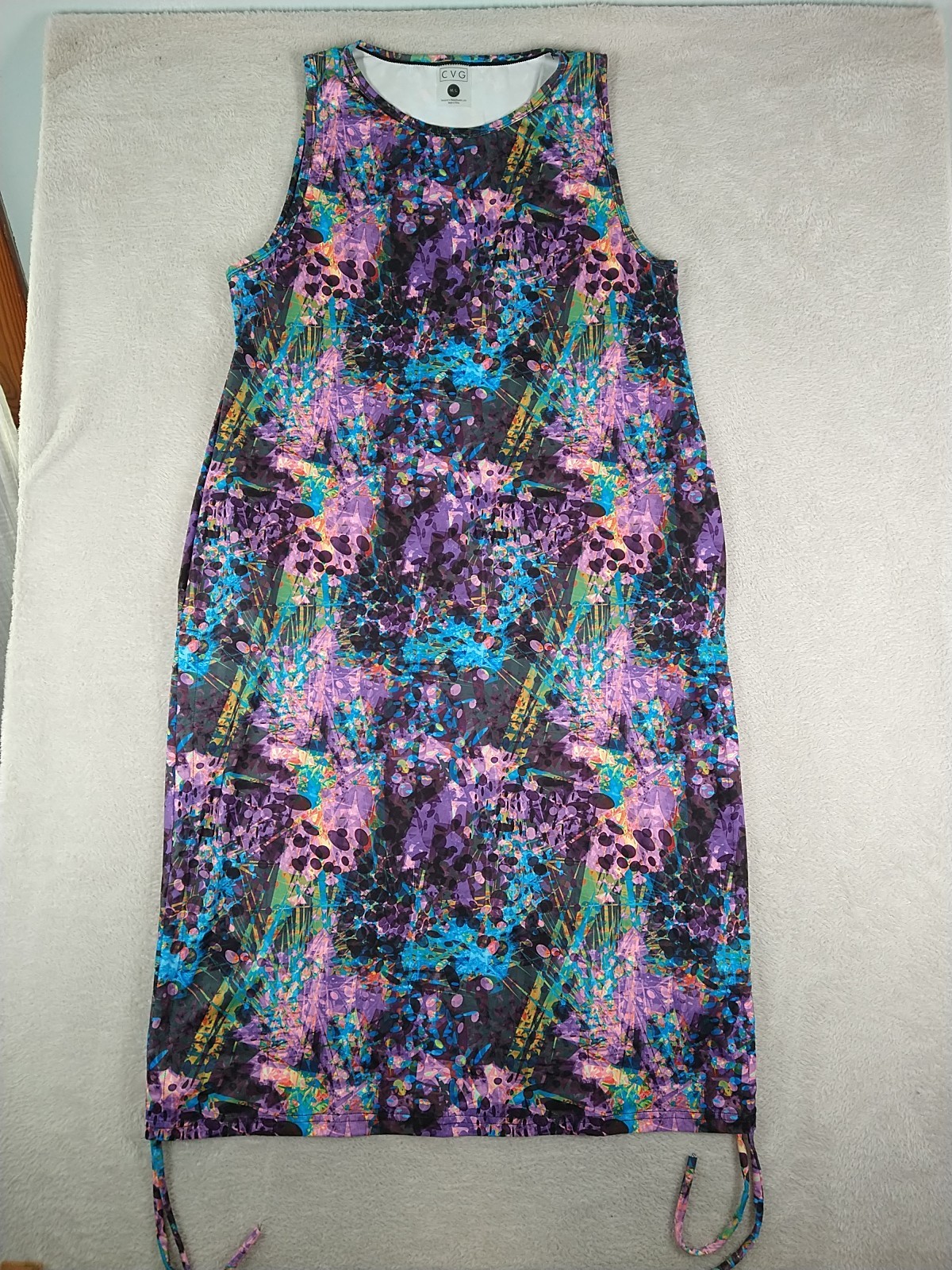 CVG Constantly Varied Gear Dress Size M/L Purple Pop Art Psychedelic Ruched Hem
