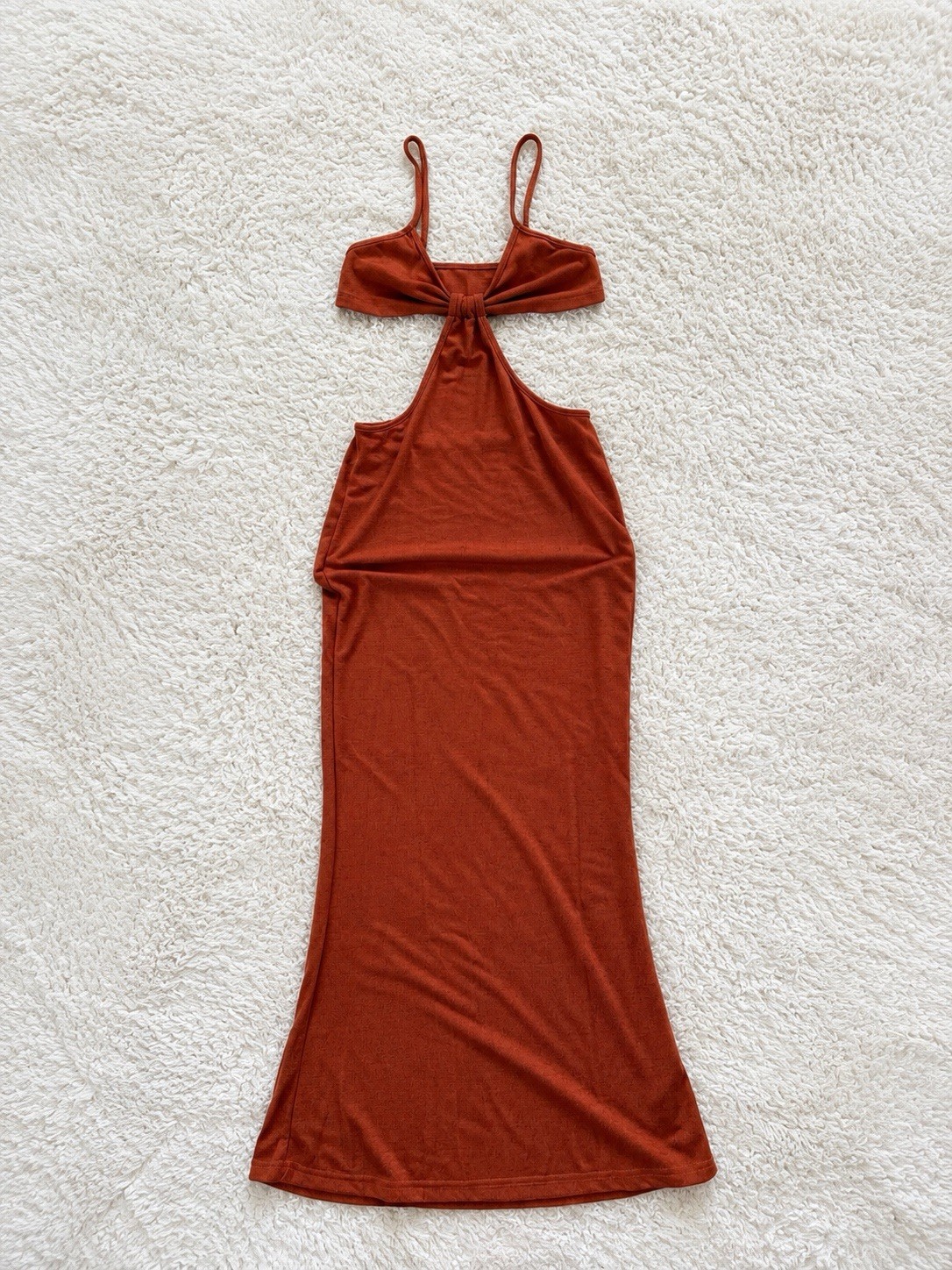 Rust Solid Halter Cut-Out Maxi Dress Long Sleeveless Stretch Pullover S/M
